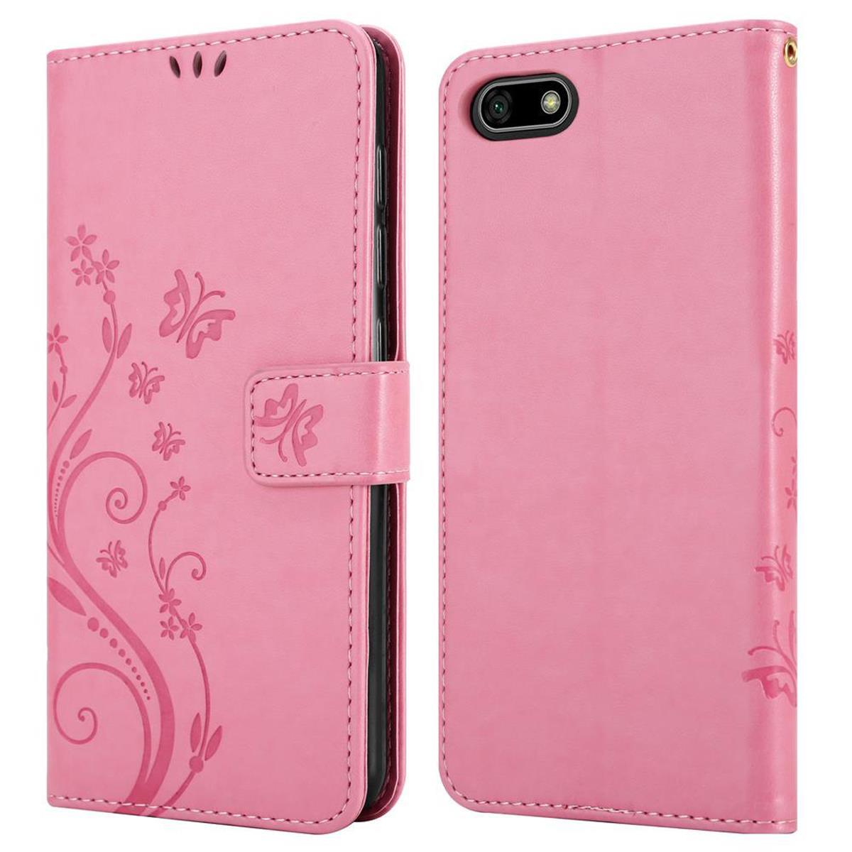 Custodia per telefono rosa, chiusa e aperta, con un design floreale e accenti a farfalla.