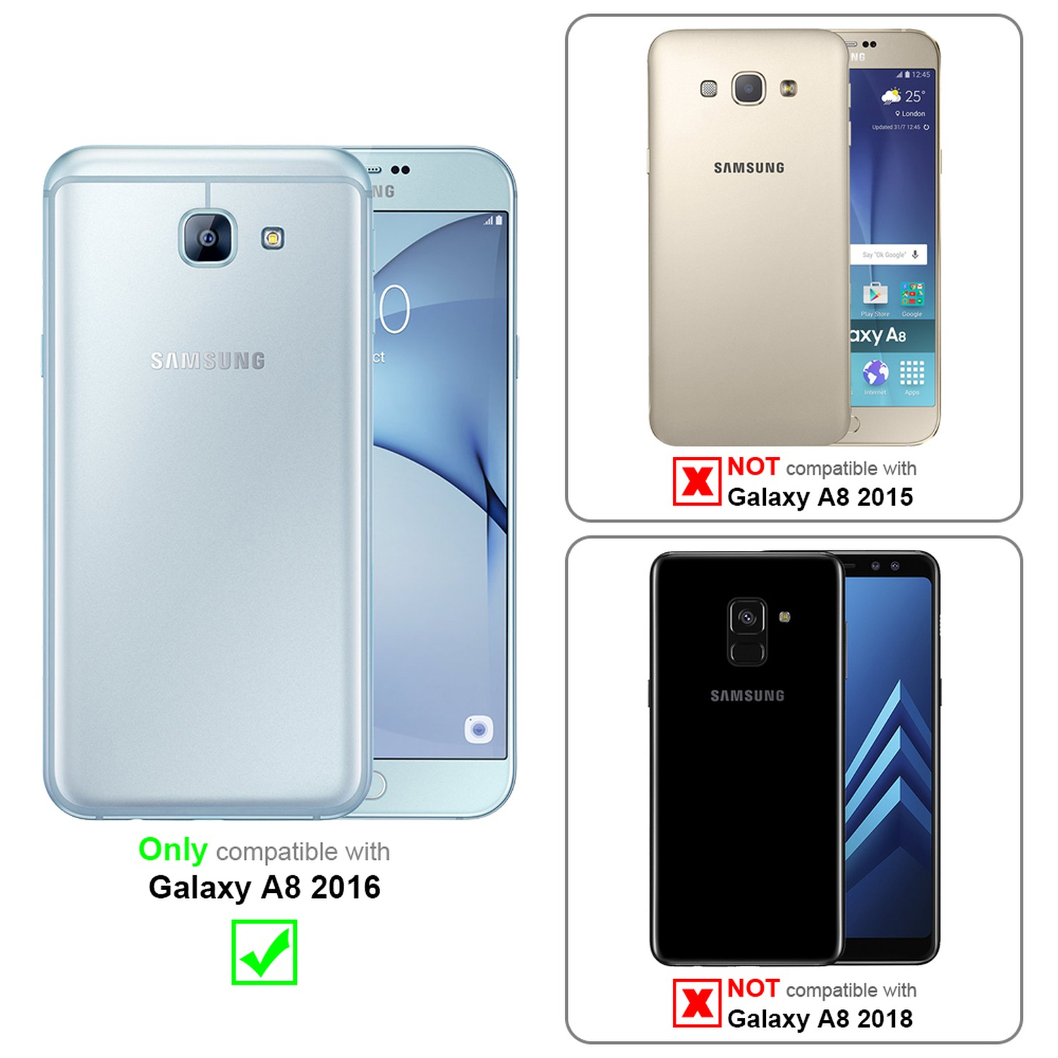 Vergleich von Samsung Galaxy A8-Telefonen. Das grüne Häkchen zeigt die Kompatibilität mit dem Modell 2016.