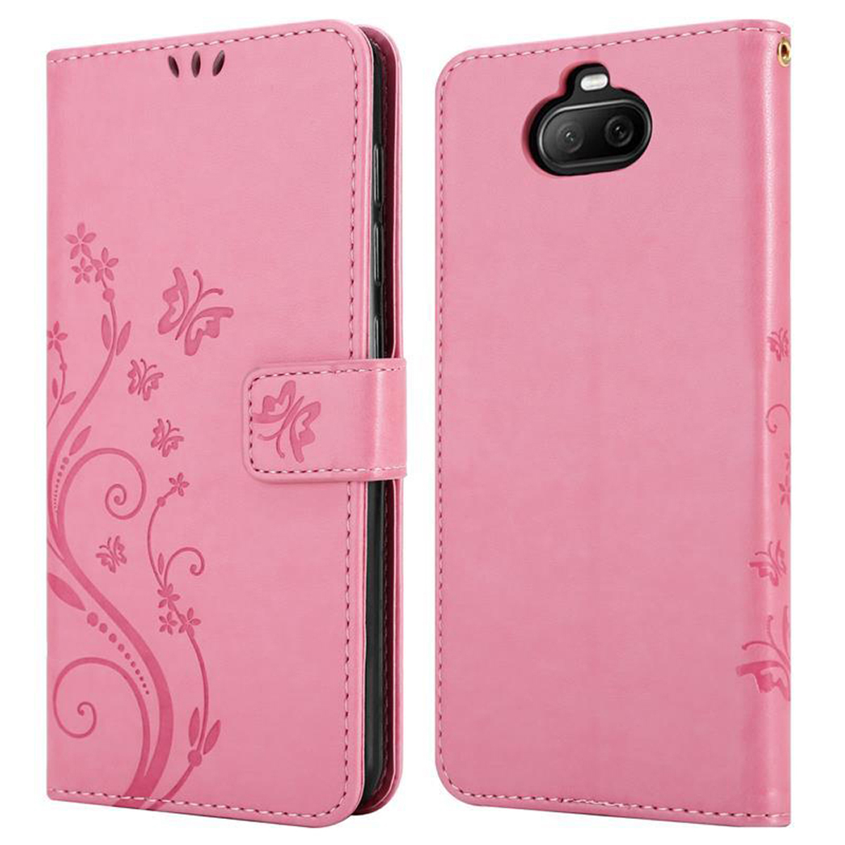 Custodia rosa per telefono, aperta a destra. Design floreale a sinistra. Dettagli farfalla.