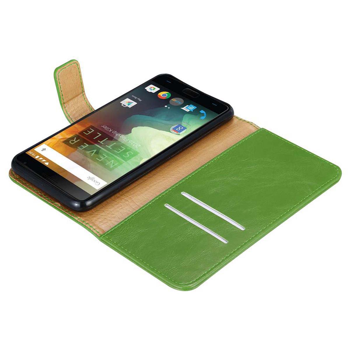 Telefono nero in una custodia verde. Il telefono è aperto. La custodia fornisce protezione.