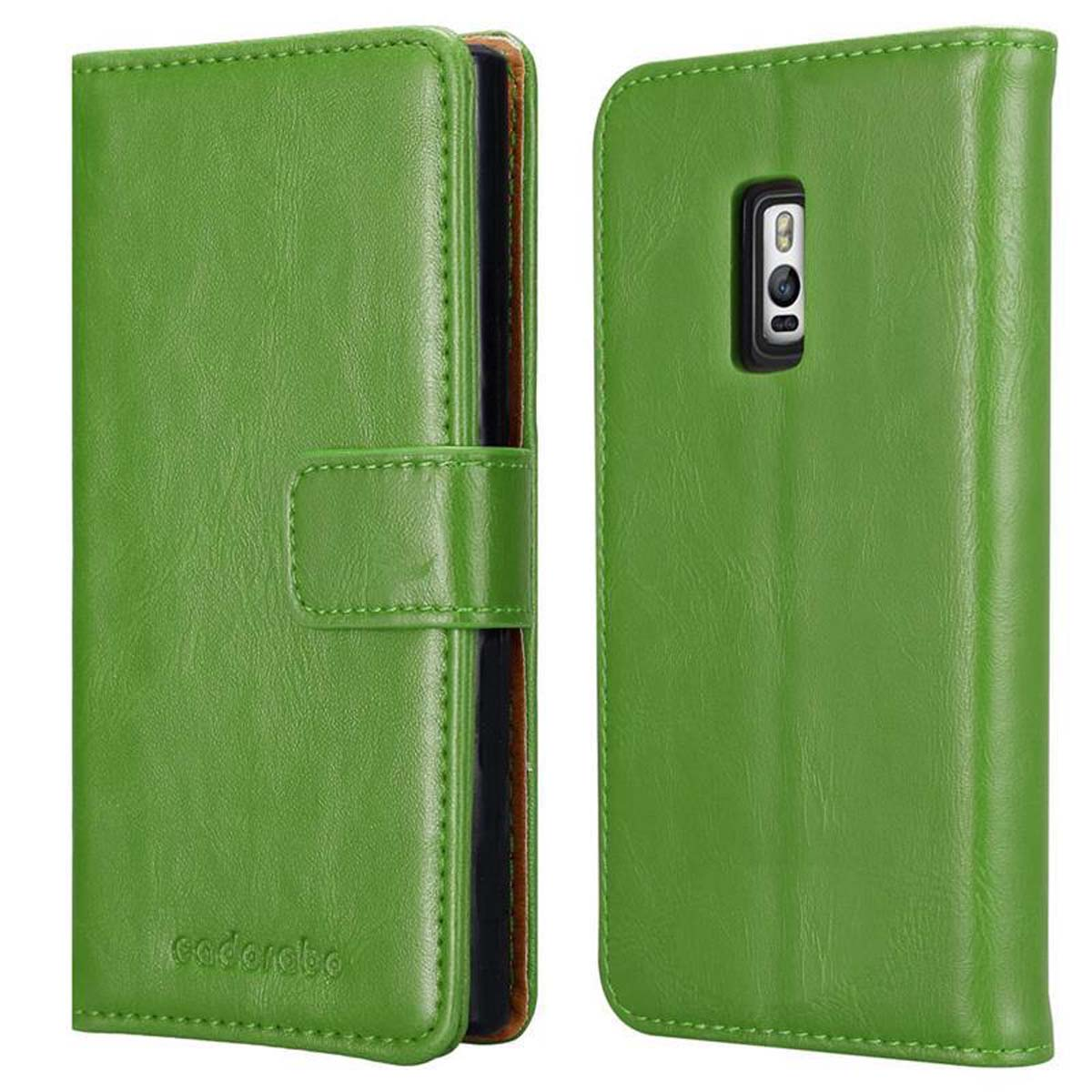 CADORABO Custodia con chiusura magnetica, funzione stand e tasca per le carte CUSTODIA A LIBRO per OnePlus 2, Verde Erbe