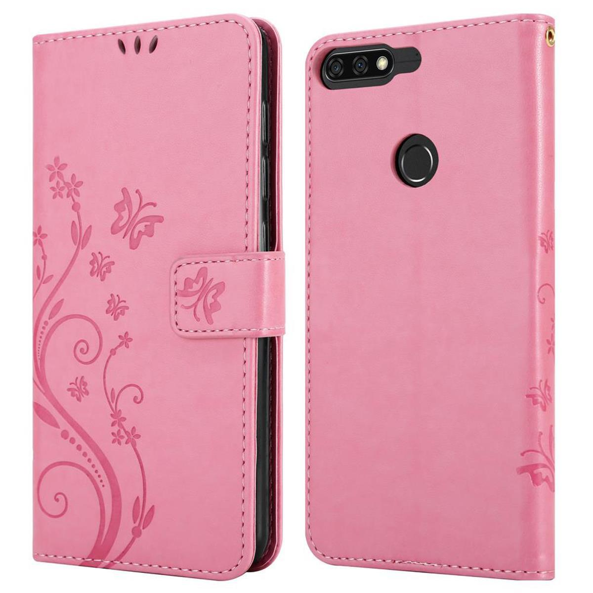 Custodia rosa, decorata con fiori. Ha una chiusura magnetica e un telefono all'interno.