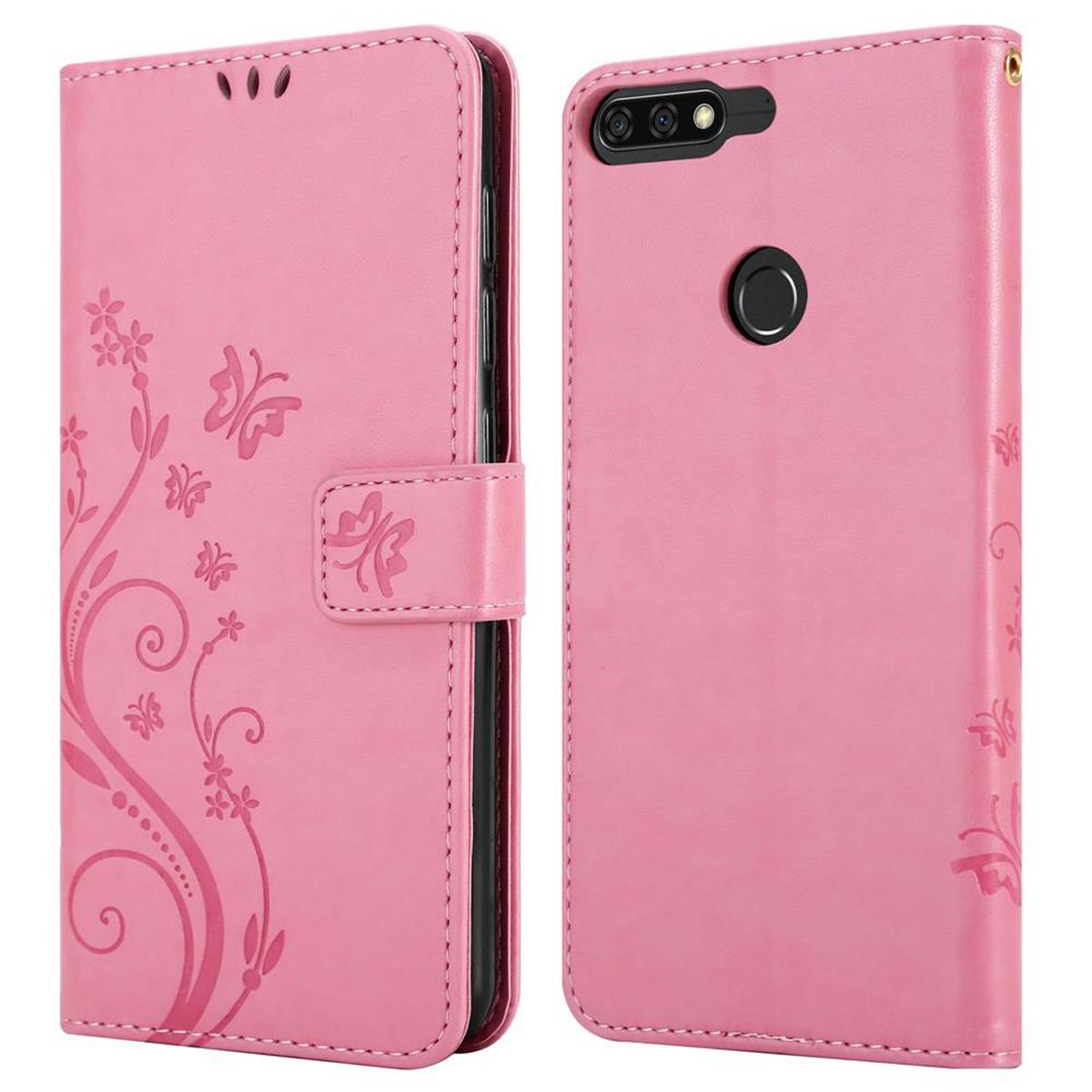 Custodia a portafoglio rosa per telefono con design floreale. La custodia è aperta e mostra l'interno.