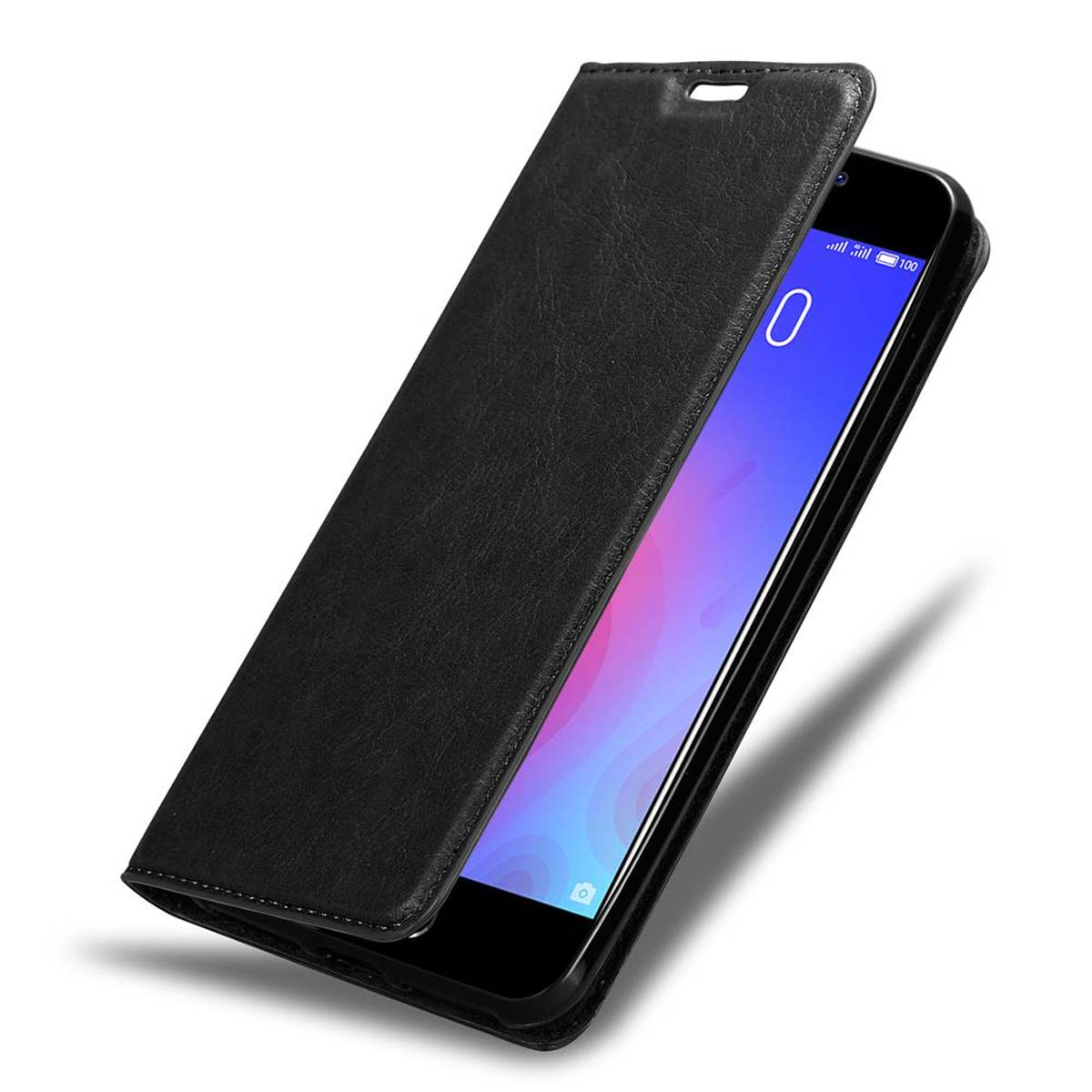 Eine schwarze Leder-Handyhülle, geöffnet, um einen Telefonbildschirm zu zeigen, vor weißem Hintergrund.