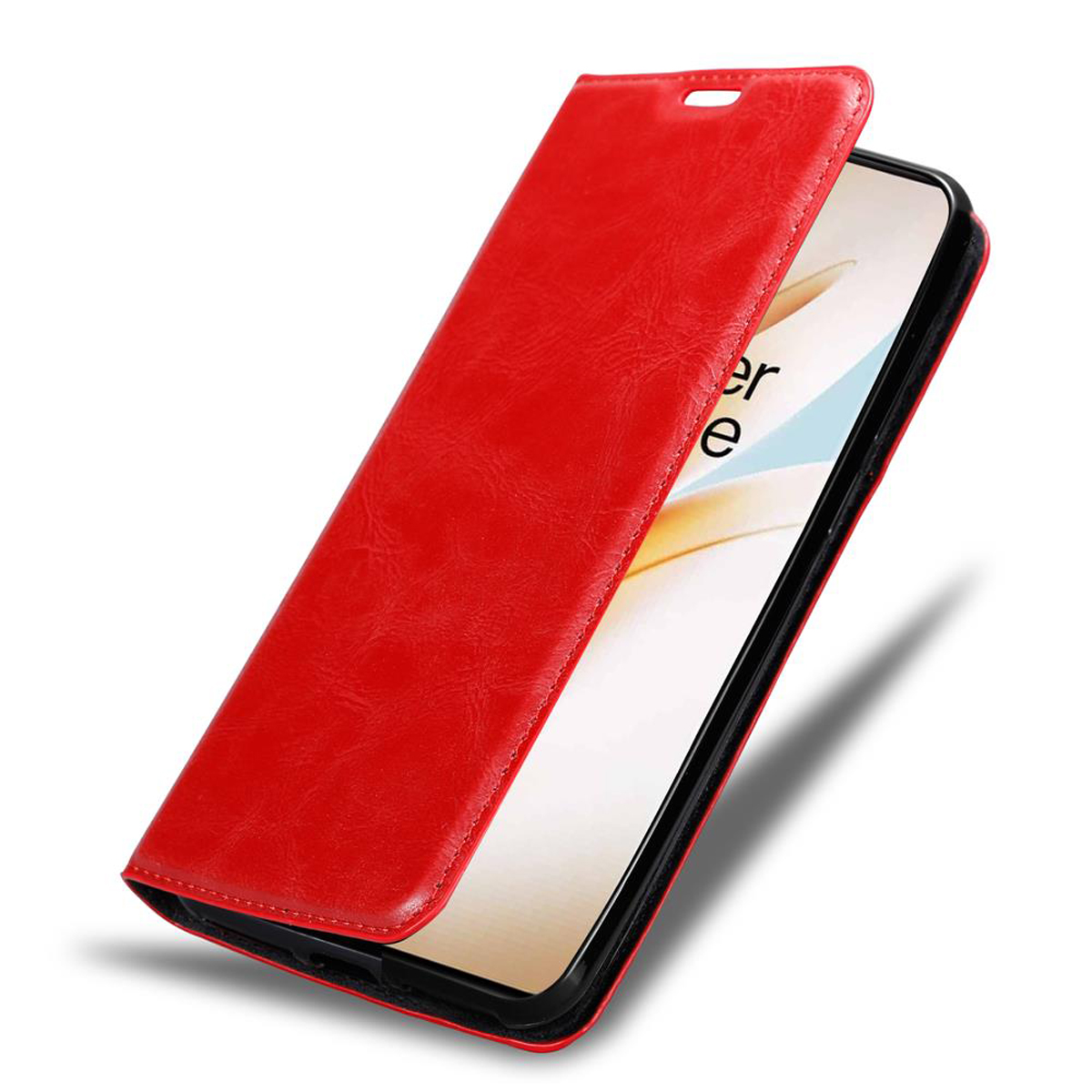 Eine rote Telefonhülle geöffnet, mit schwarzen Rändern und Telefon innen.