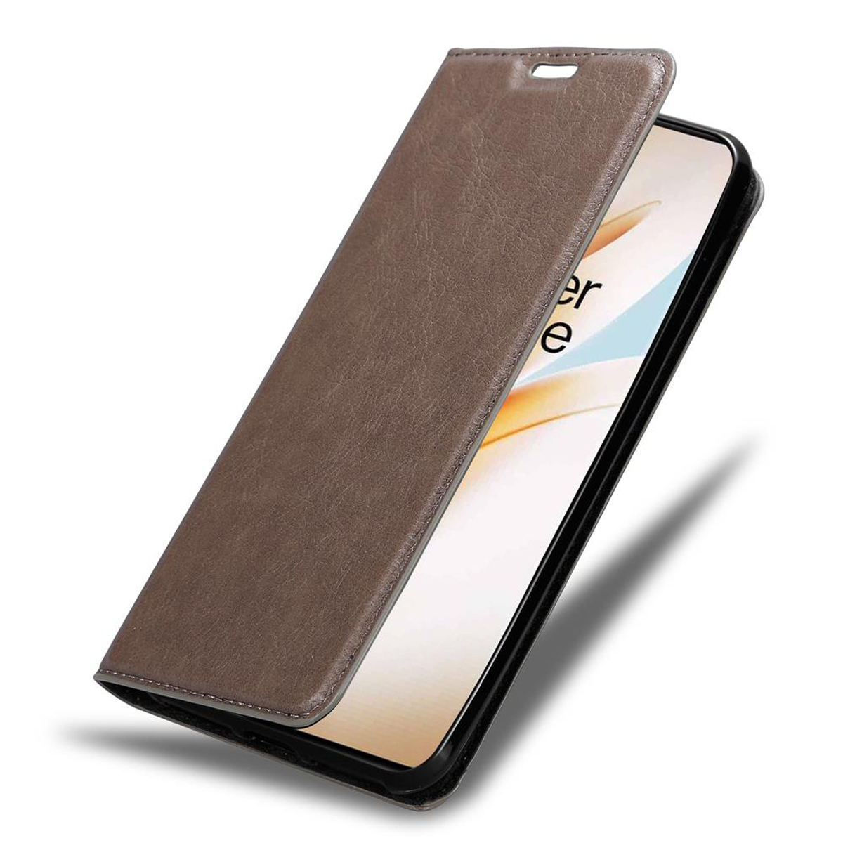 Eine braune Leder-Handyhülle, geöffnet, mit einem Telefon. Die Hülle befindet sich auf weißem Hintergrund.