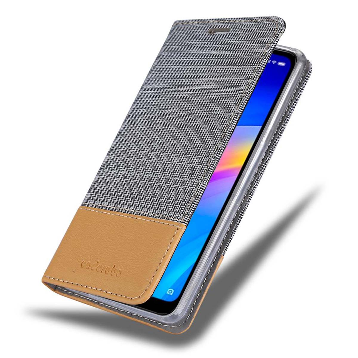Ein Telefon in einer Klapphülle mit grauem und beigem Design. Der Telefonbildschirm ist sichtbar.