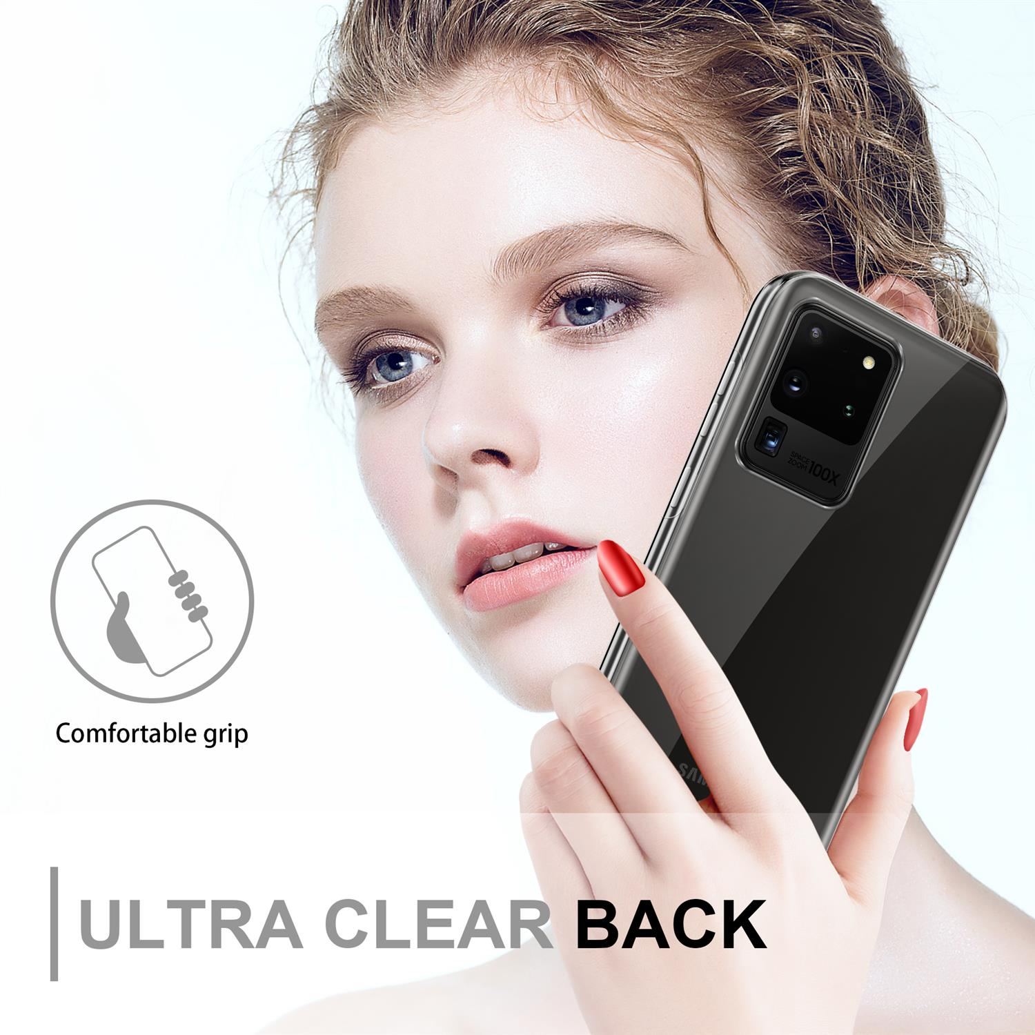 Donna che tiene una custodia trasparente per telefono. Il testo recita: ULTRA CLEAR BACK. Il telefono mostra la fotocamera.