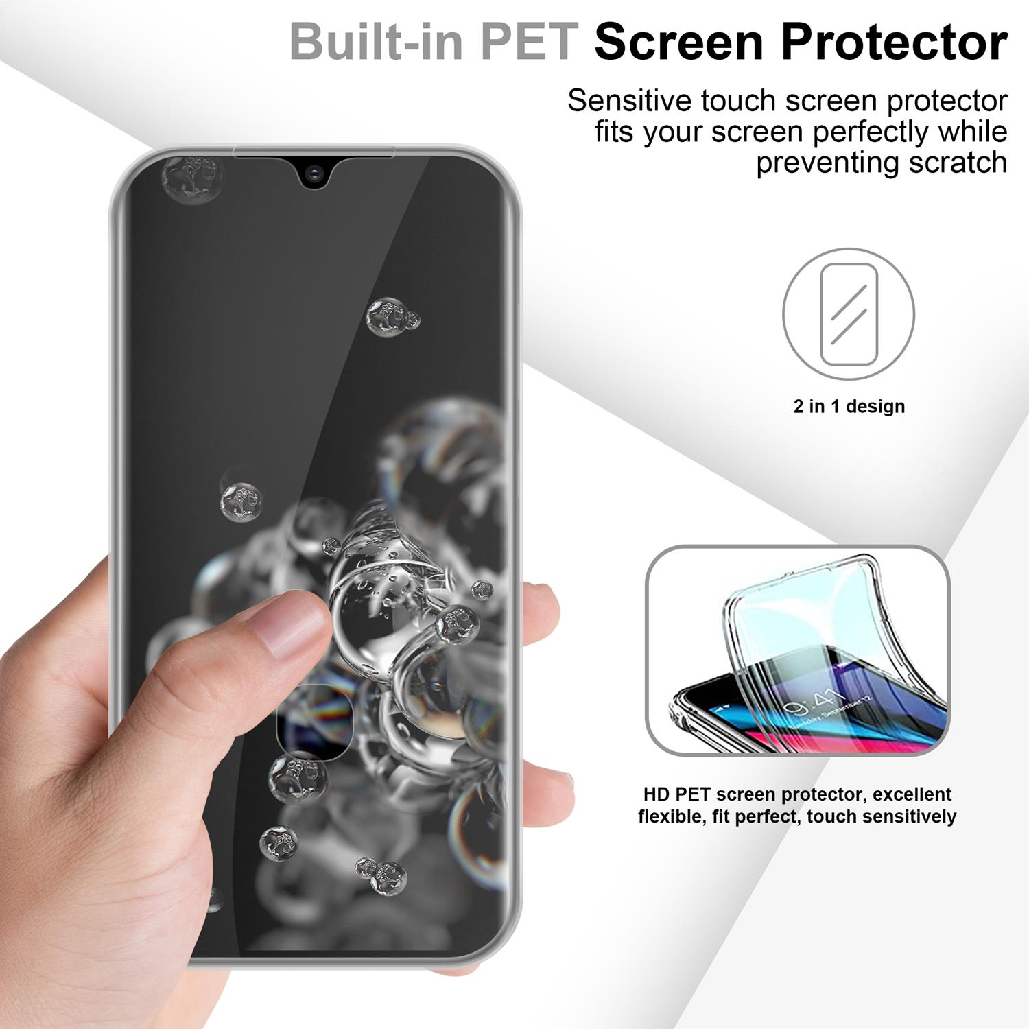 Schermo del telefono con protezione, tenuto in mano, che mostra bolle e un design 2 in 1.