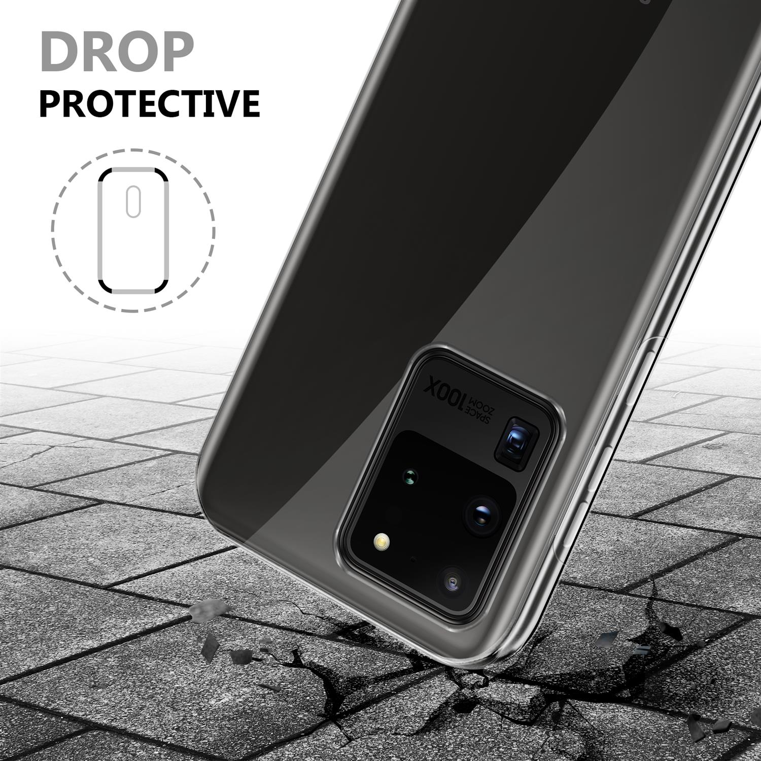 Custodia trasparente per telefono su una superficie strutturata. Testo 'Drop Protective'. Telefono nella custodia con fotocamera. Contorno protettivo.