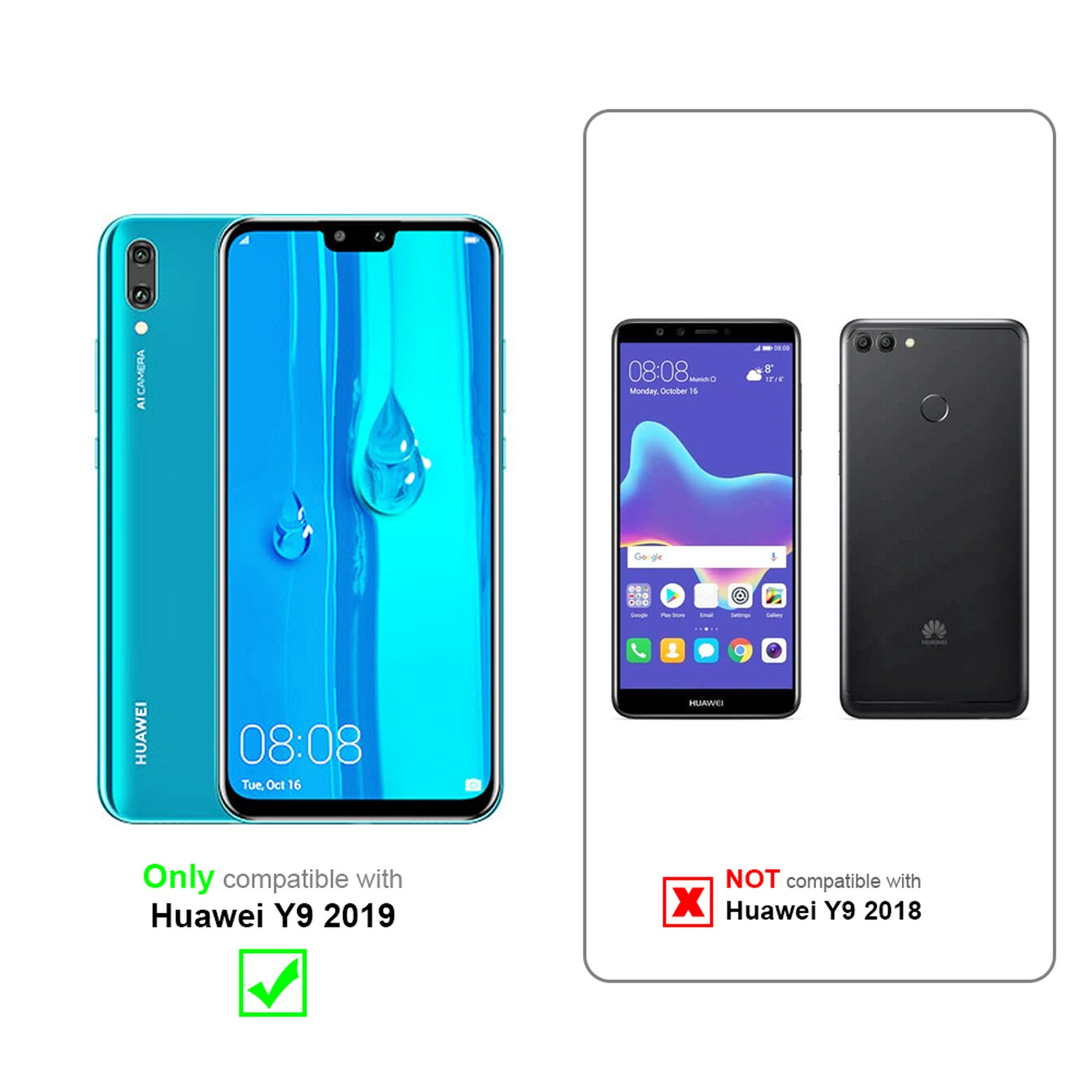 Un teléfono Huawei turquesa y un teléfono negro con etiquetas de compatibilidad. Una marca de verificación verde, una X roja.