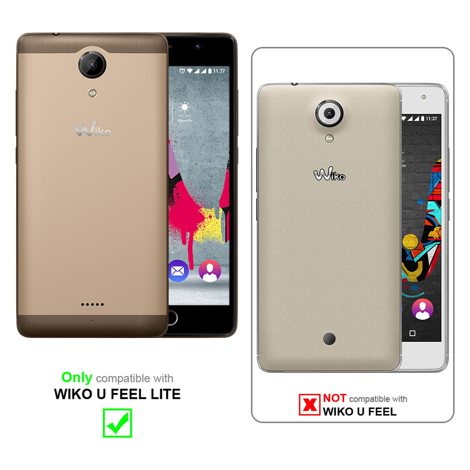 Due immagini che mostrano telefoni. Uno è compatibile con Wiko U Feel Lite, l'altro NON è compatibile.