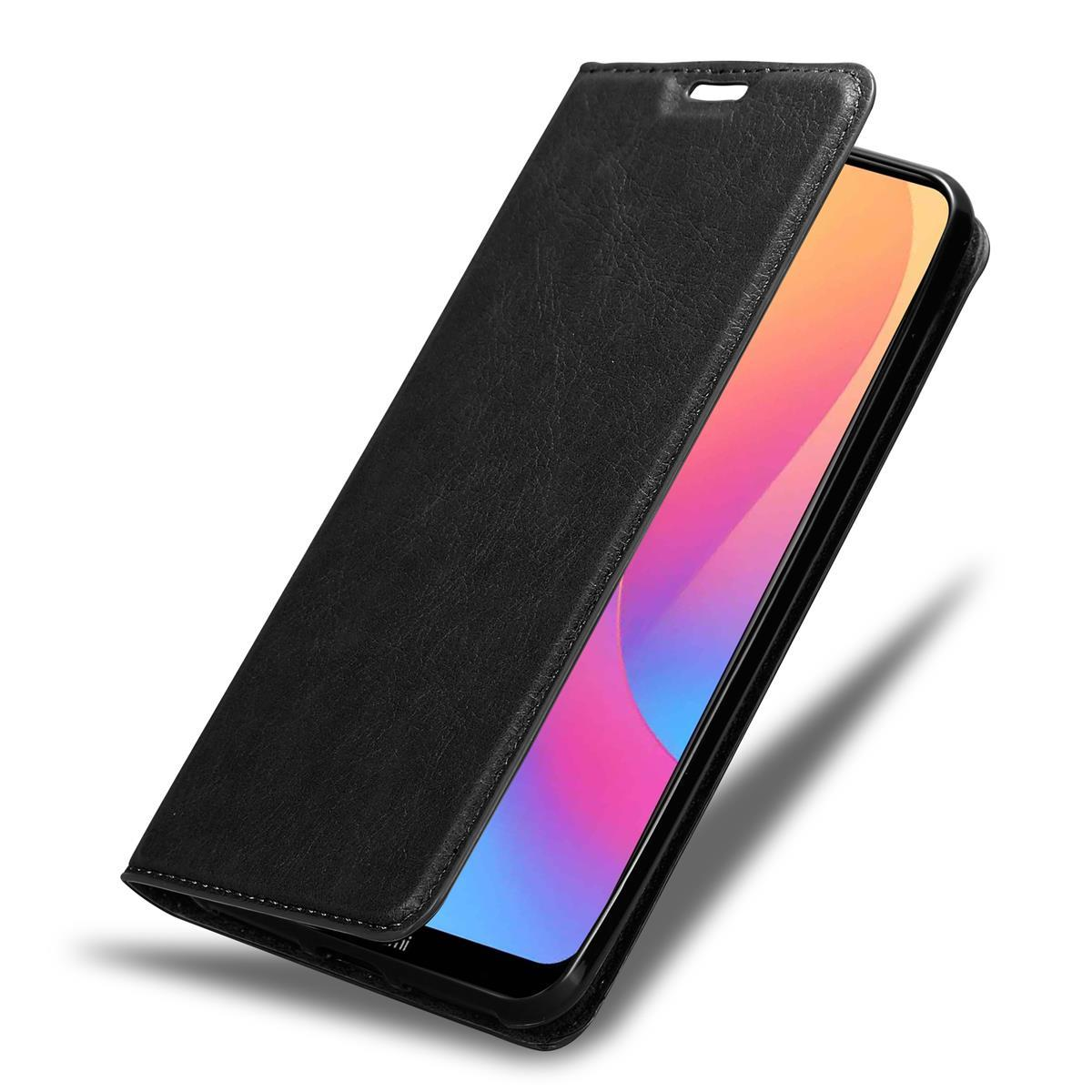 Schwarze Handyhülle, geöffnet, zeigt das Telefon mit rosa und blauem Display.