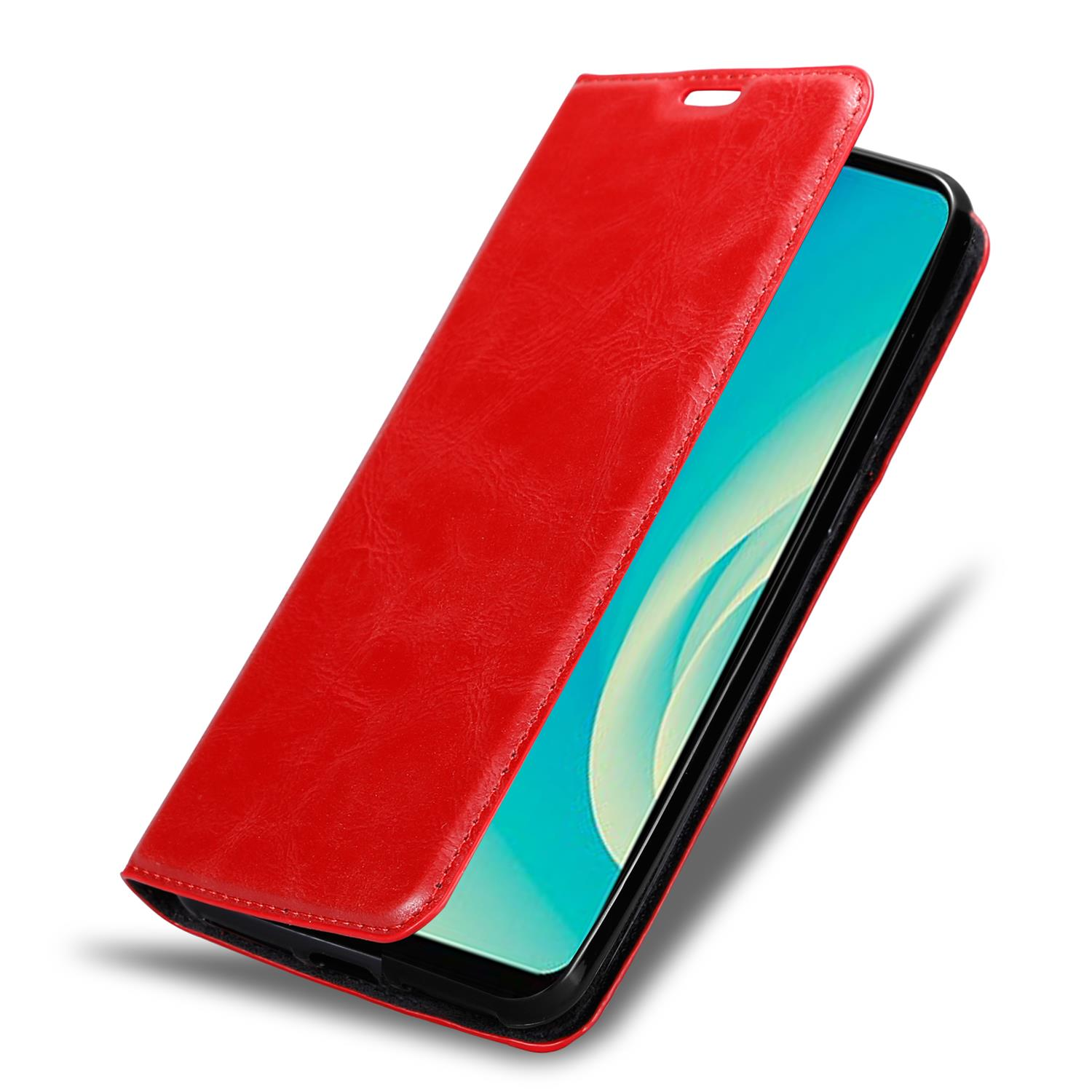 Rote Handyhülle geöffnet, Smartphone-Bildschirm sichtbar, leicht angewinkelte Ansicht.