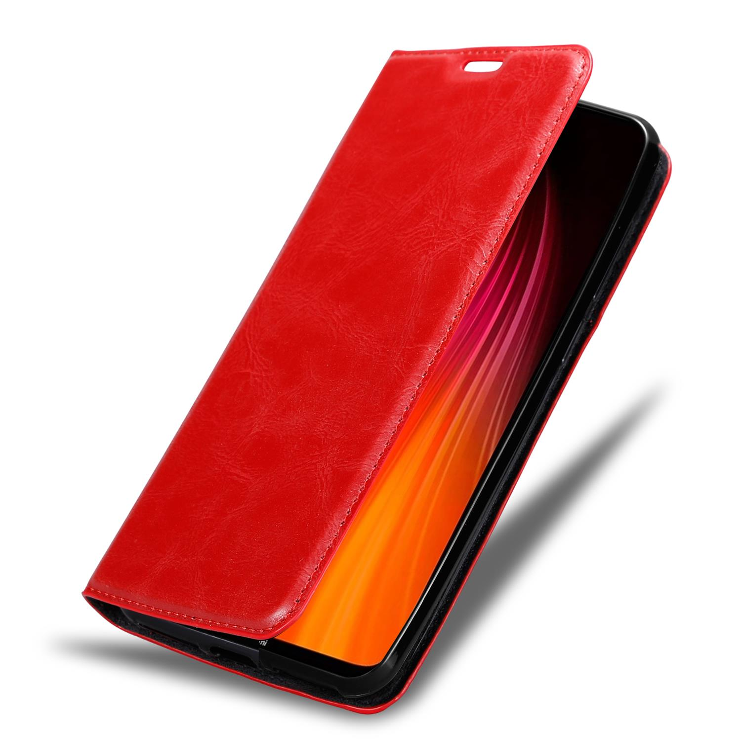 Rote Leder-Handyhülle, geöffnet, zeigt einen Telefonbildschirm.