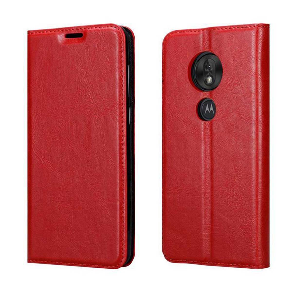 Custodia per telefono in pelle rossa, aperta e chiusa. Presenta un ritaglio per la fotocamera e un supporto per telefono.