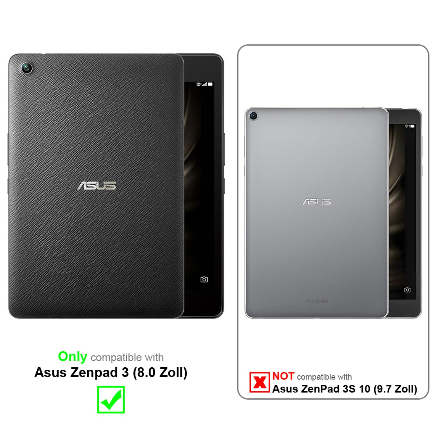 Tablets nebeneinander. Eines mit Text nur kompatibel mit Asus Zenpad 3. Das andere mit X.