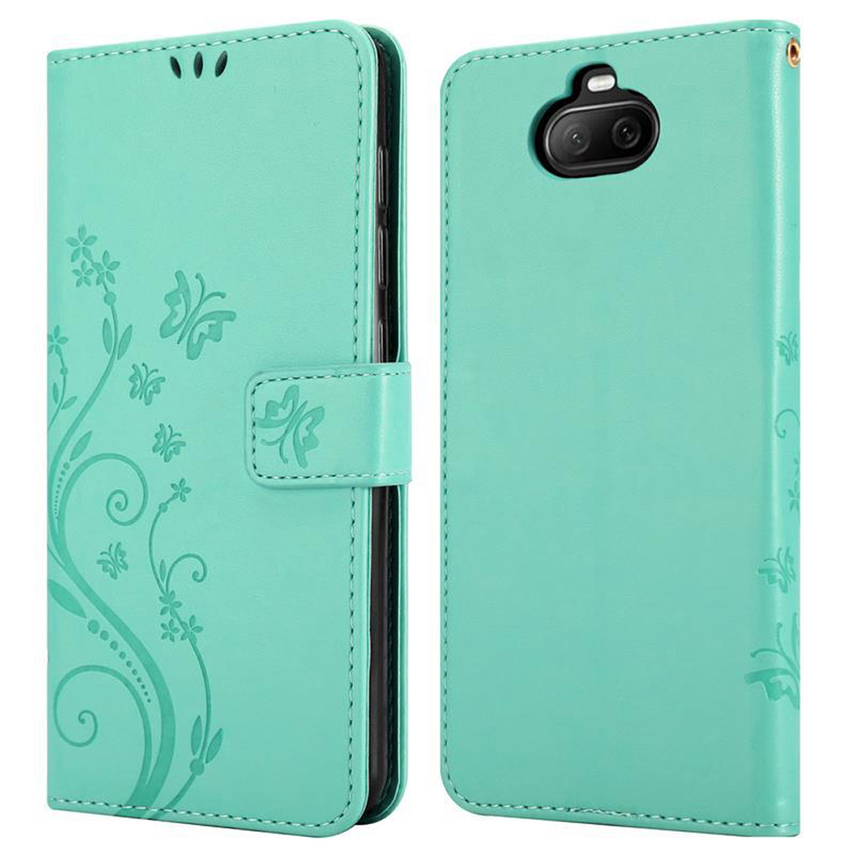 Custodia per telefono verde menta, chiusa e aperta, con design floreale. Il telefono ha la fotocamera sul retro.