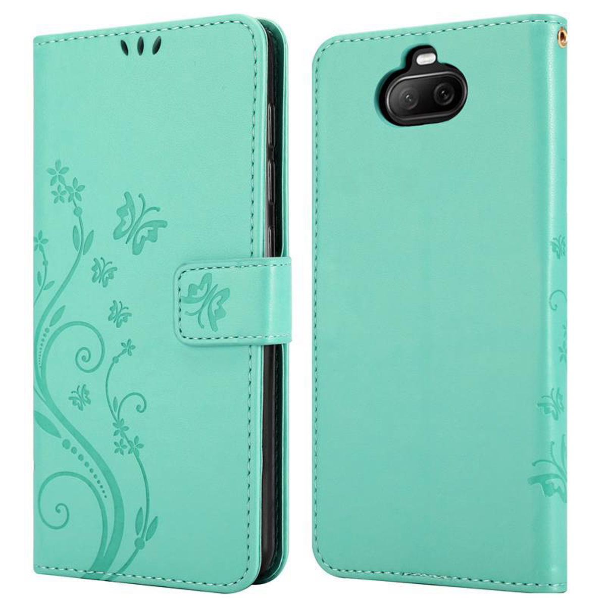 Custodia per telefono verde menta con un design a farfalla, aperta per rivelare il telefono, su sfondo bianco.