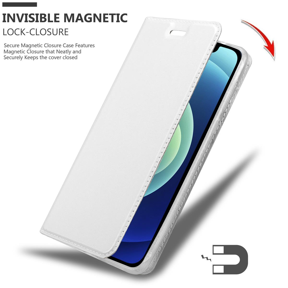 Custodia per telefono bianca con chiusura magnetica. La cover è aperta, rivelando un telefono all'interno.