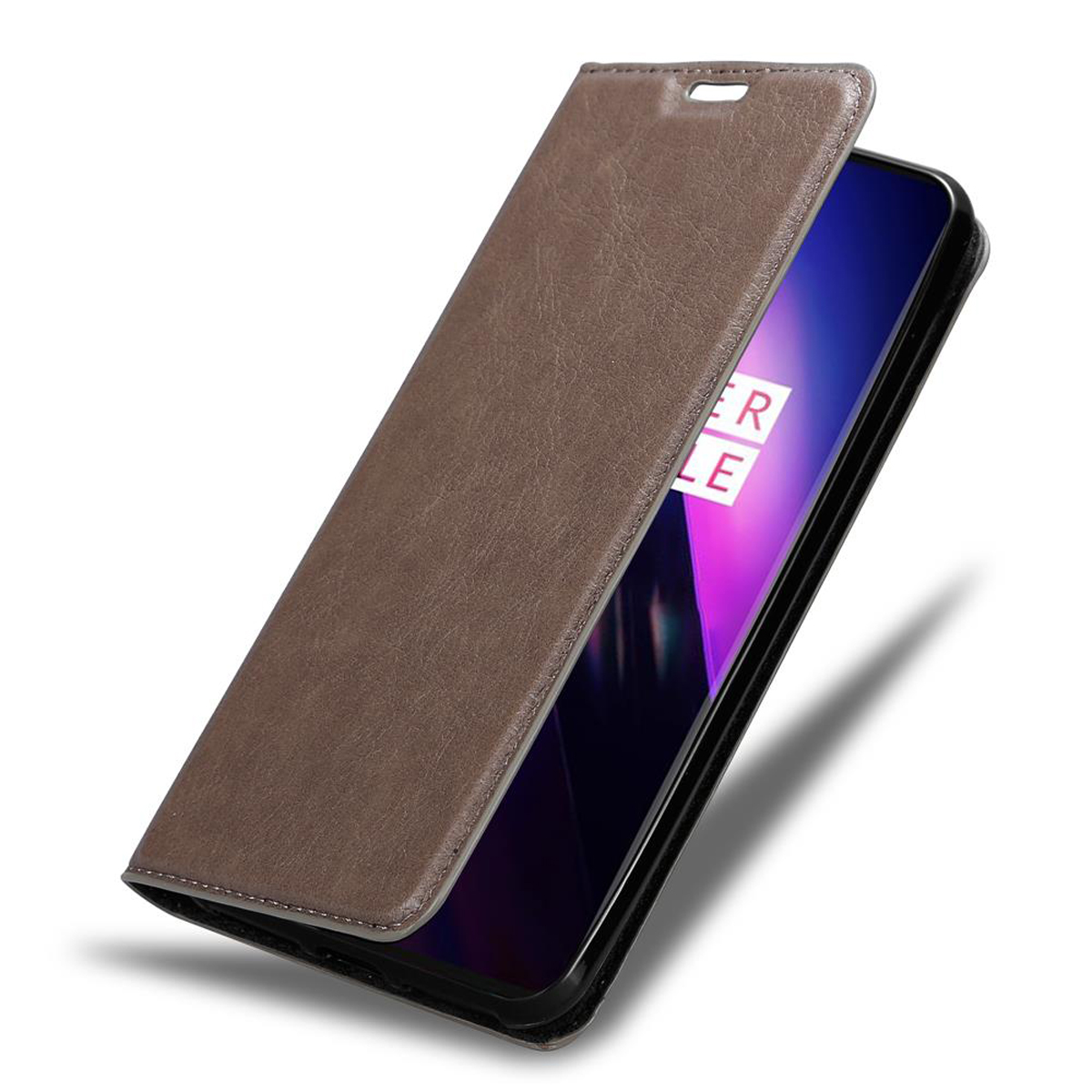 Braune Handyhülle, geöffnet, mit einem Telefon, das den Bildschirm zeigt.