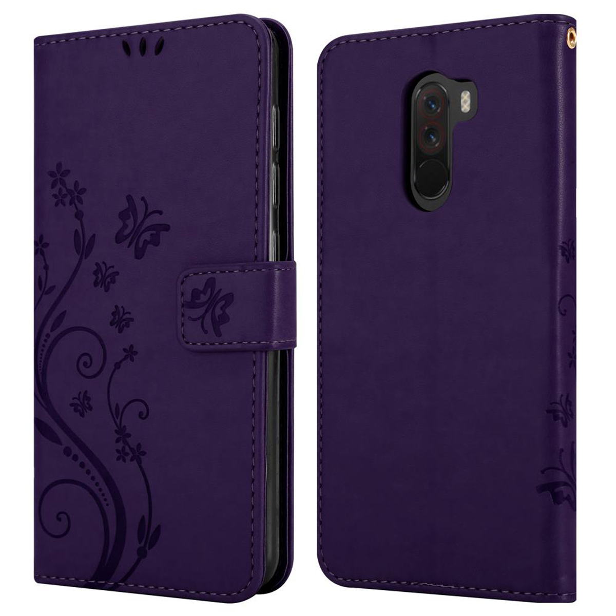 Custodia per telefono viola in stile portafoglio. Ha un design floreale e una chiusura magnetica.