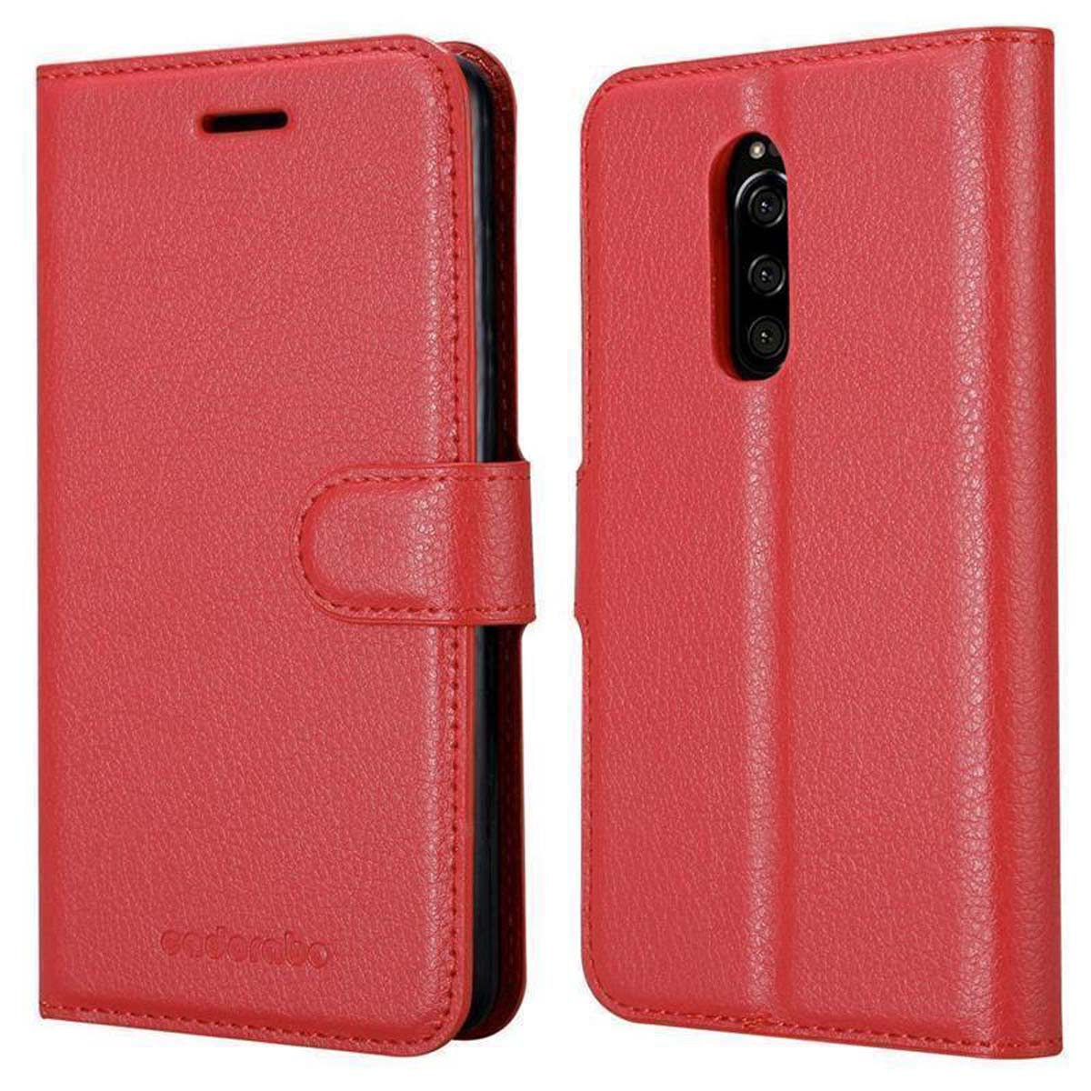 Rote Handyhülle, geöffnet, um das Telefon zu zeigen. Die Hülle ist aus Leder.