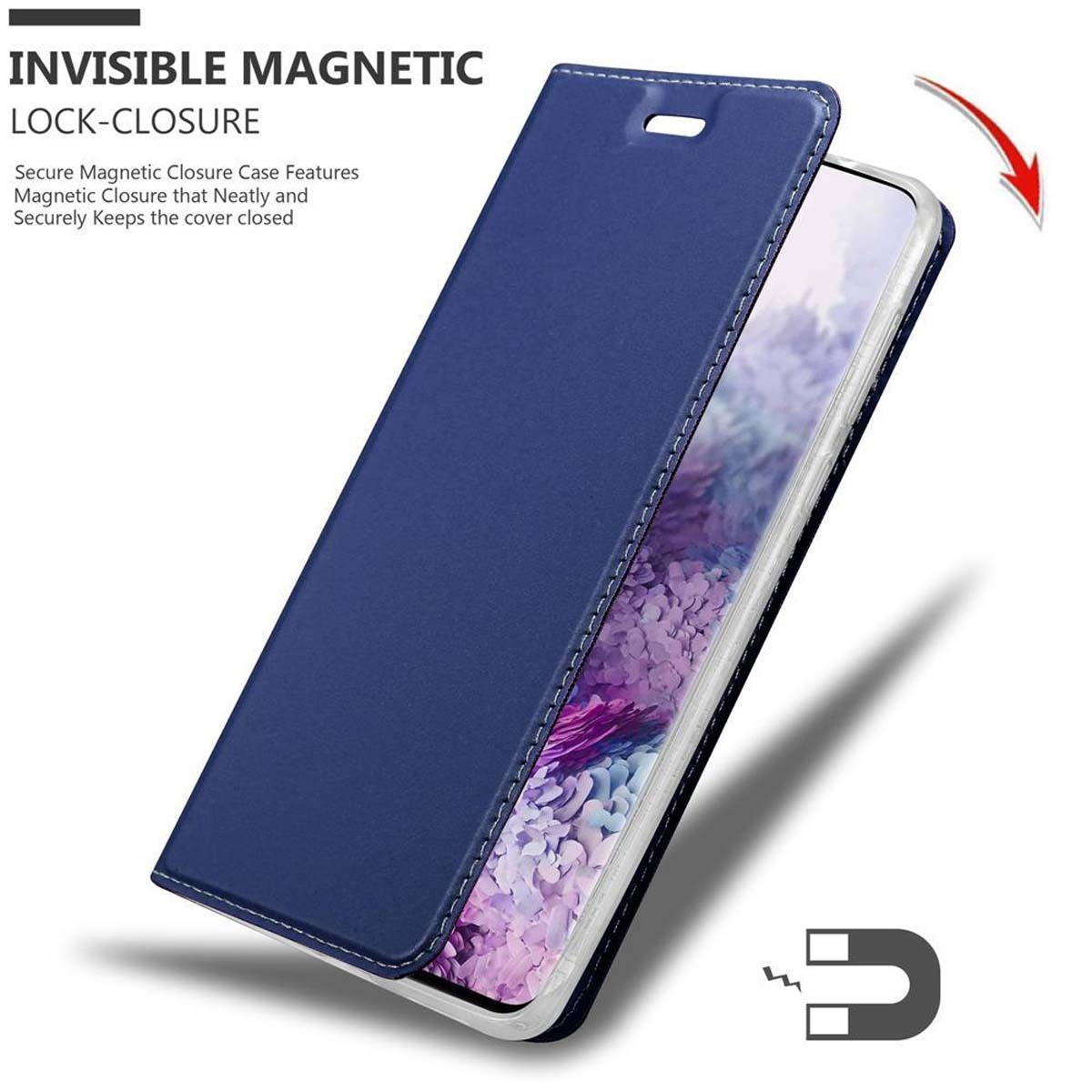 Blaue Handyhülle mit Magnetverschluss. Text: Unsichtbarer Magnetverschluss. Hält die Hülle sicher geschlossen.