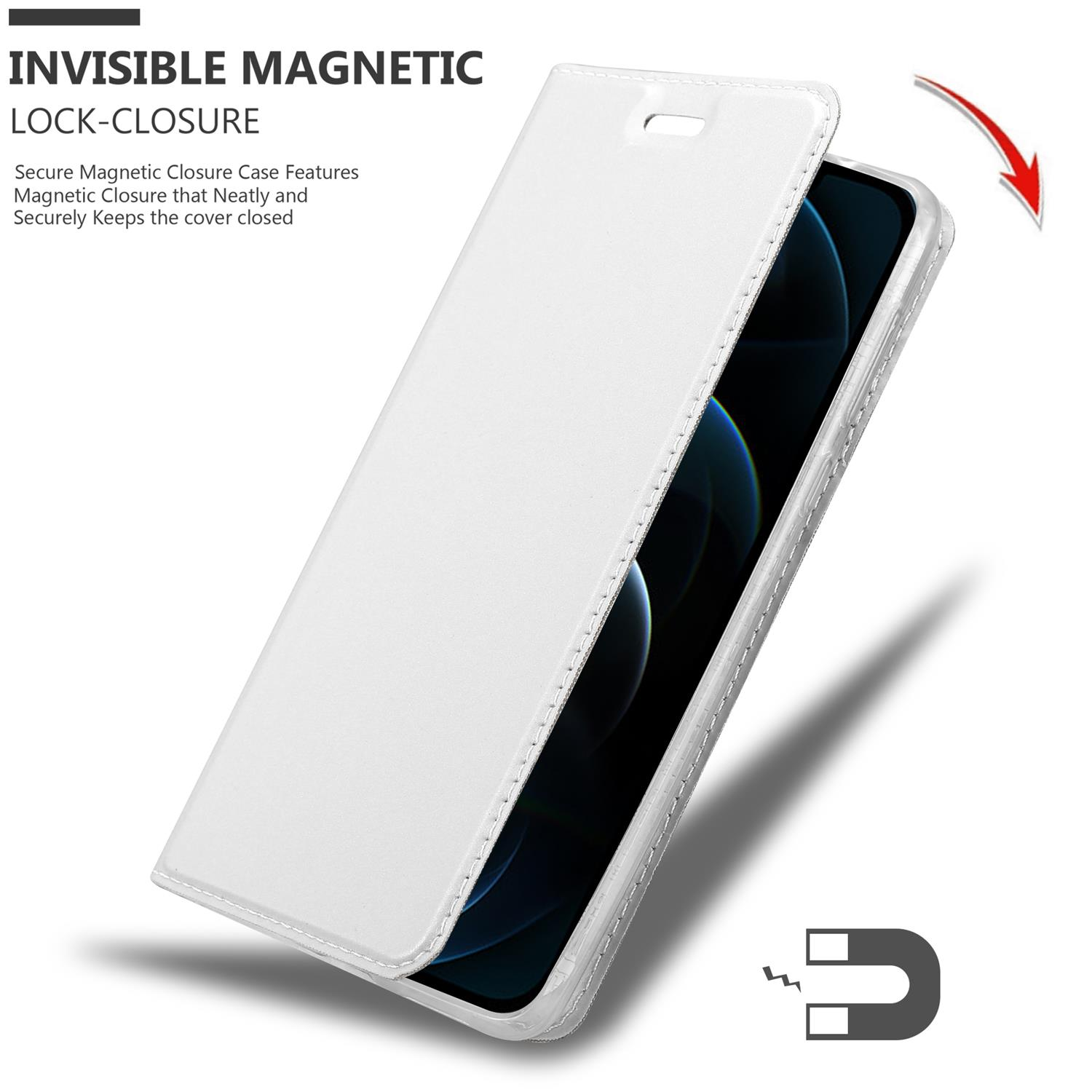 Custodia bianca con coperchio aperto. Schermo del telefono visibile con sfondo blu.