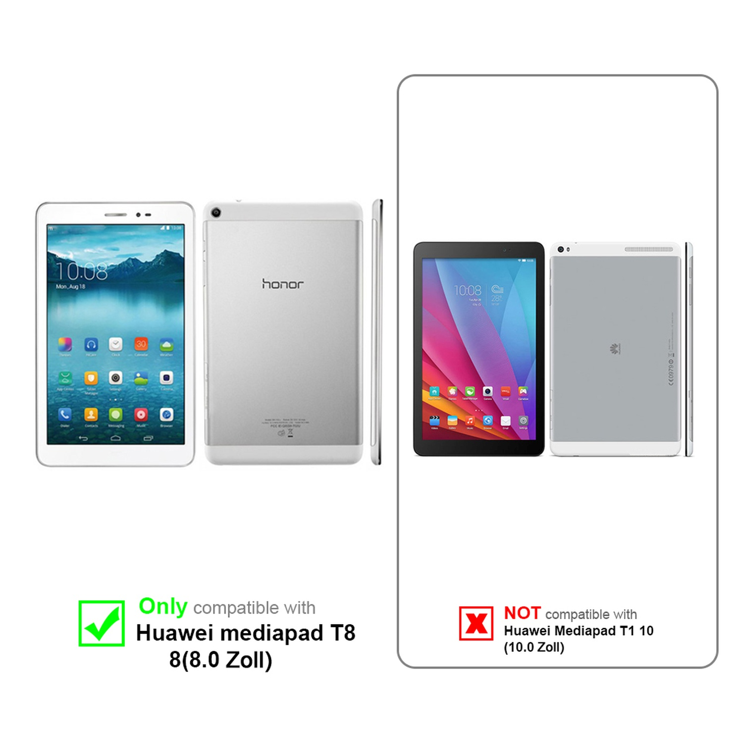 Tablets. Eines weiß, eines silber, und zwei schwarz. Text zeigt Kompatibilität für eines, Inkompatibilität für ein anderes.
