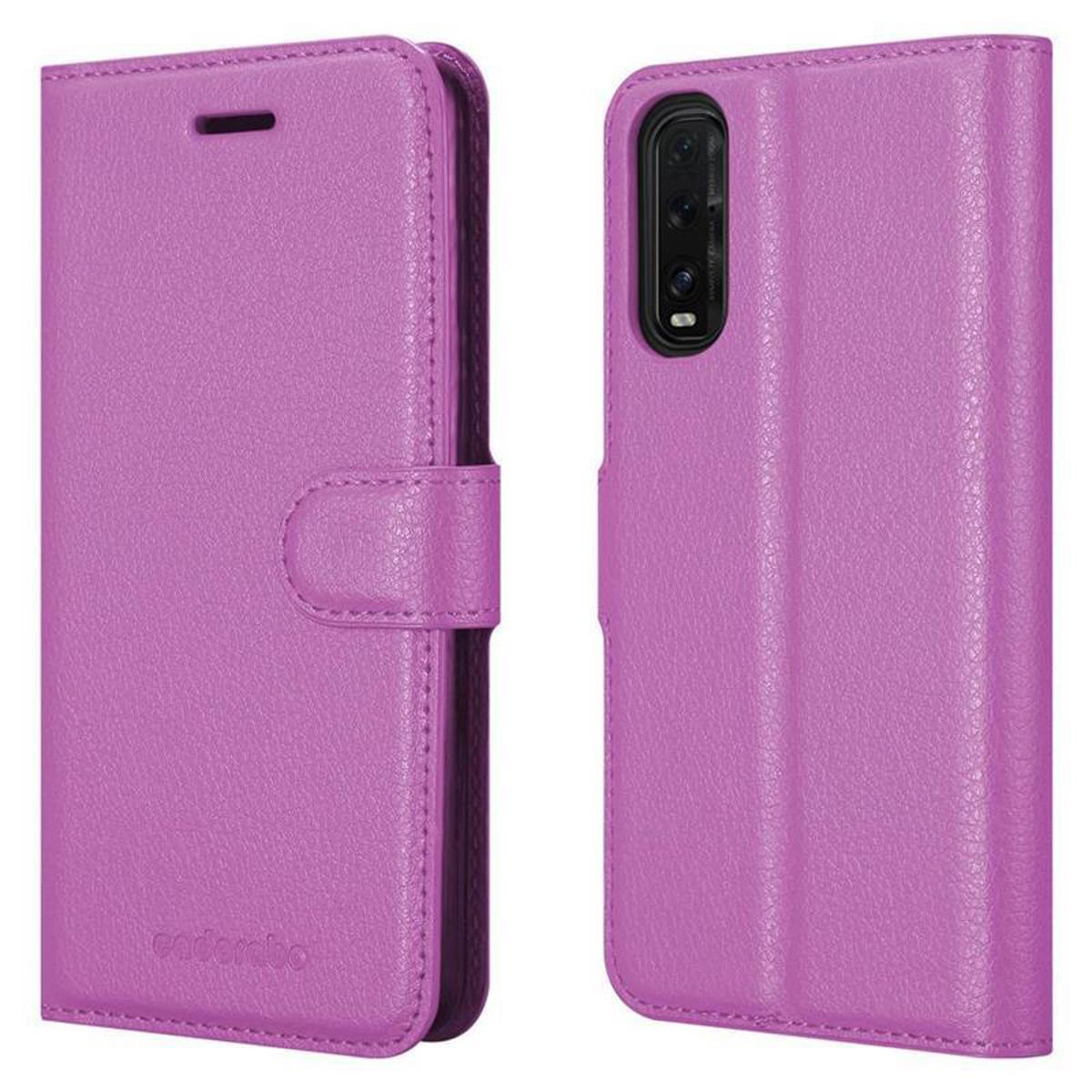 Custodia per telefono viola, vista frontale con patta chiusa e vista posteriore aperta.