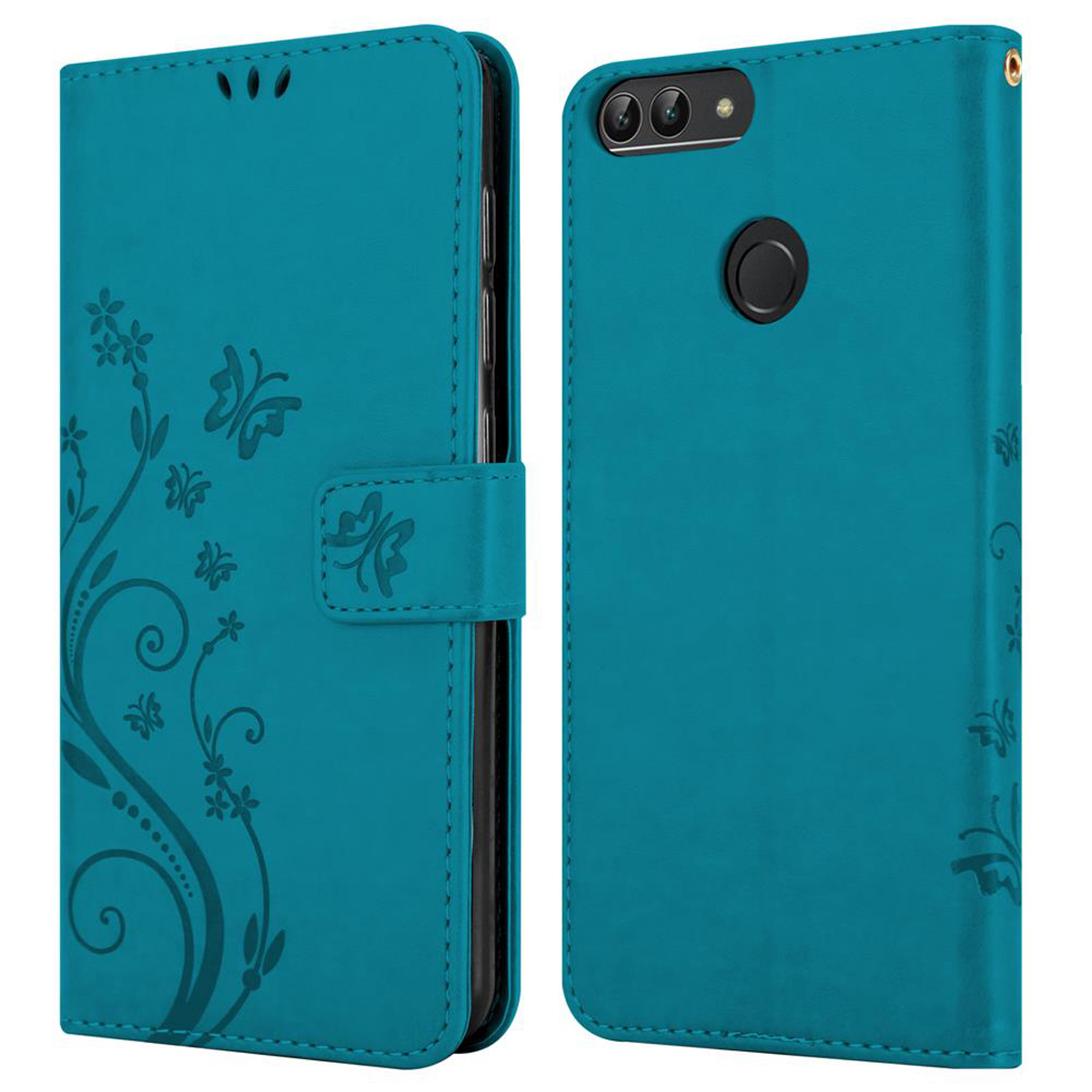 Custodia turchese con design floreale e farfalle, chiusa e aperta, schermo del telefono visibile.
