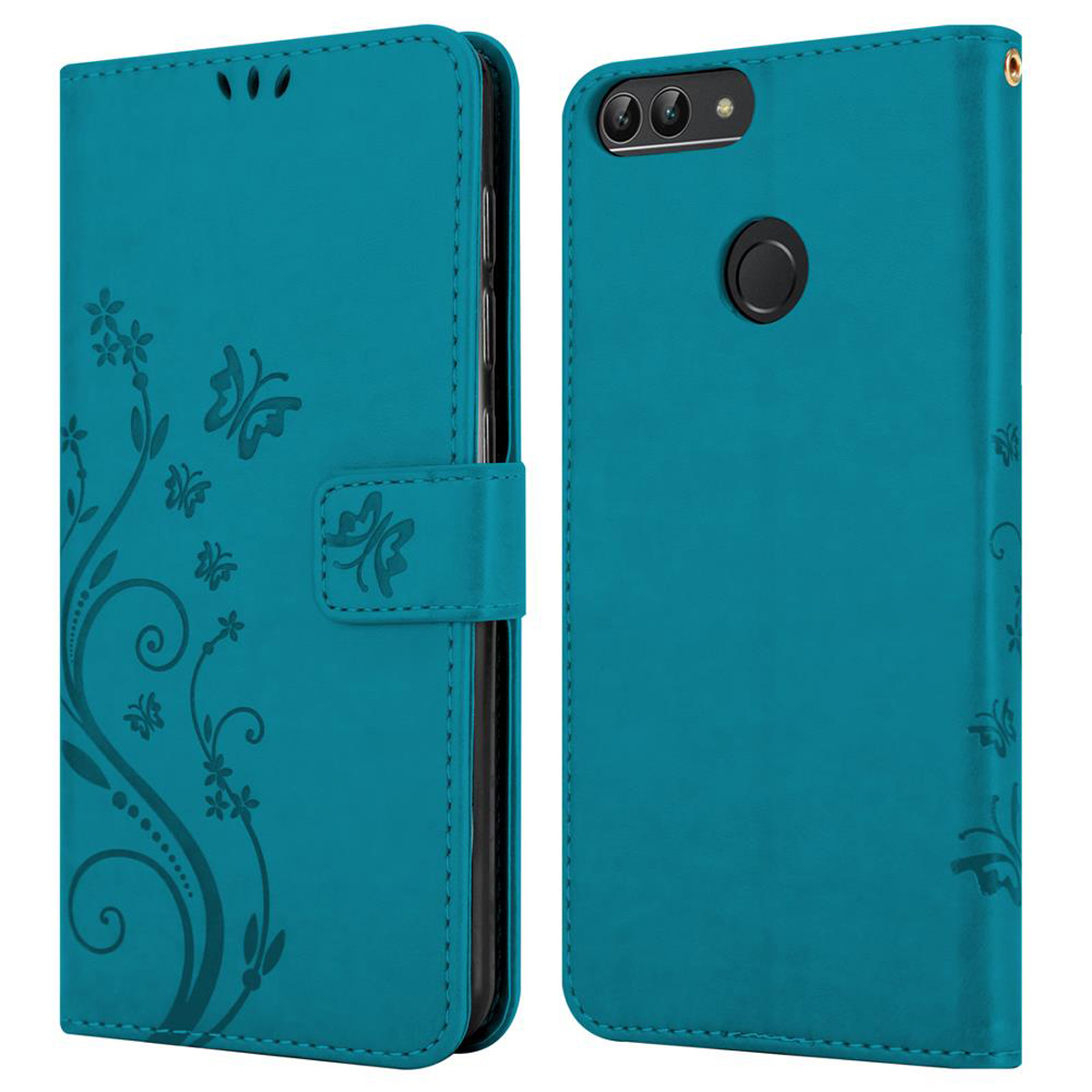 Custodia per telefono verde acqua aperta, con design floreale. È di fronte a uno sfondo bianco.