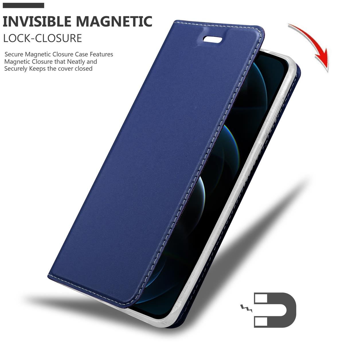 Una custodia blu per telefono è mostrata aperta. Ha una chiusura magnetica e una trama in pelle.
