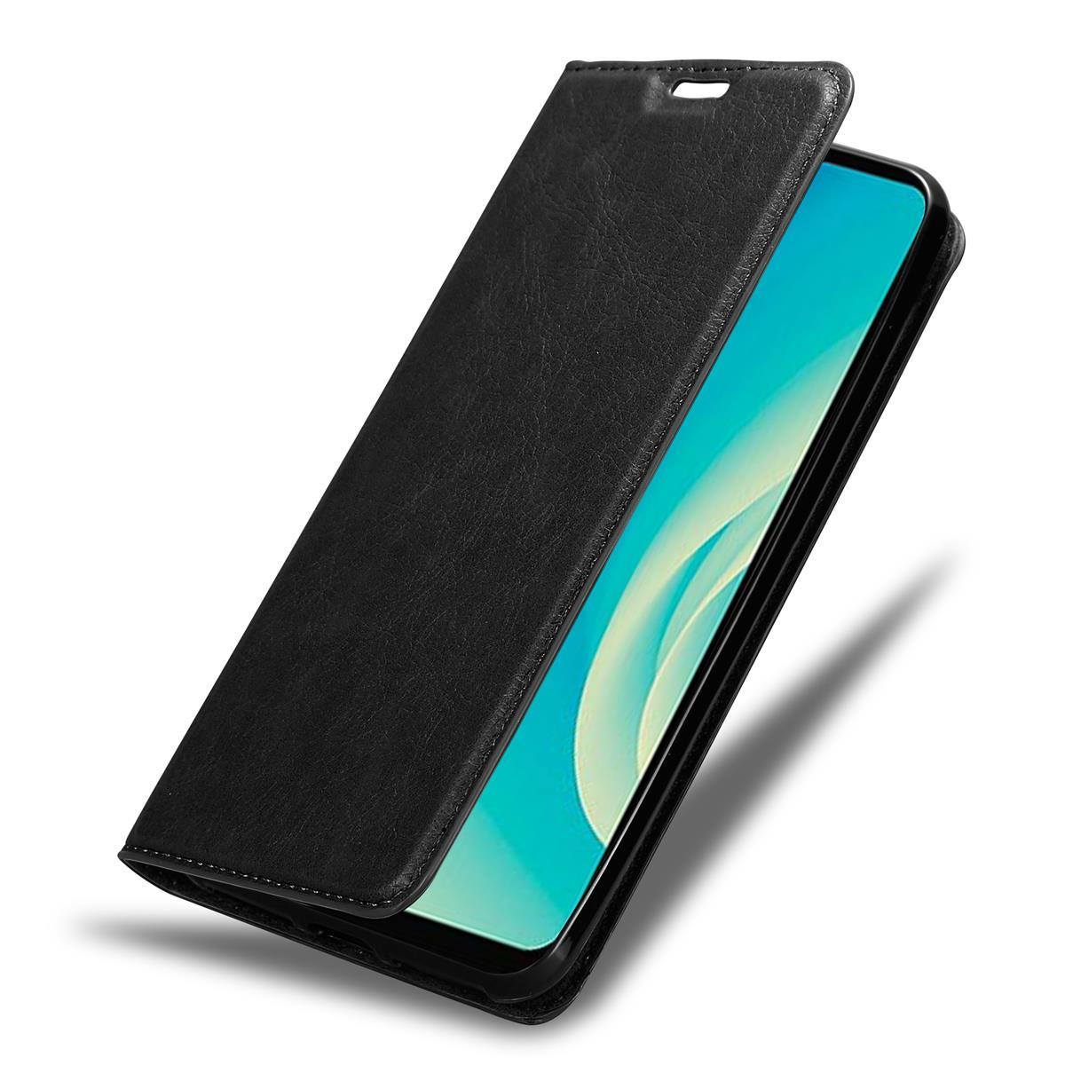 Schwarze Handyhülle mit geöffneter Abdeckung, die einen Telefonbildschirm mit blauer und teal Anzeige zeigt.