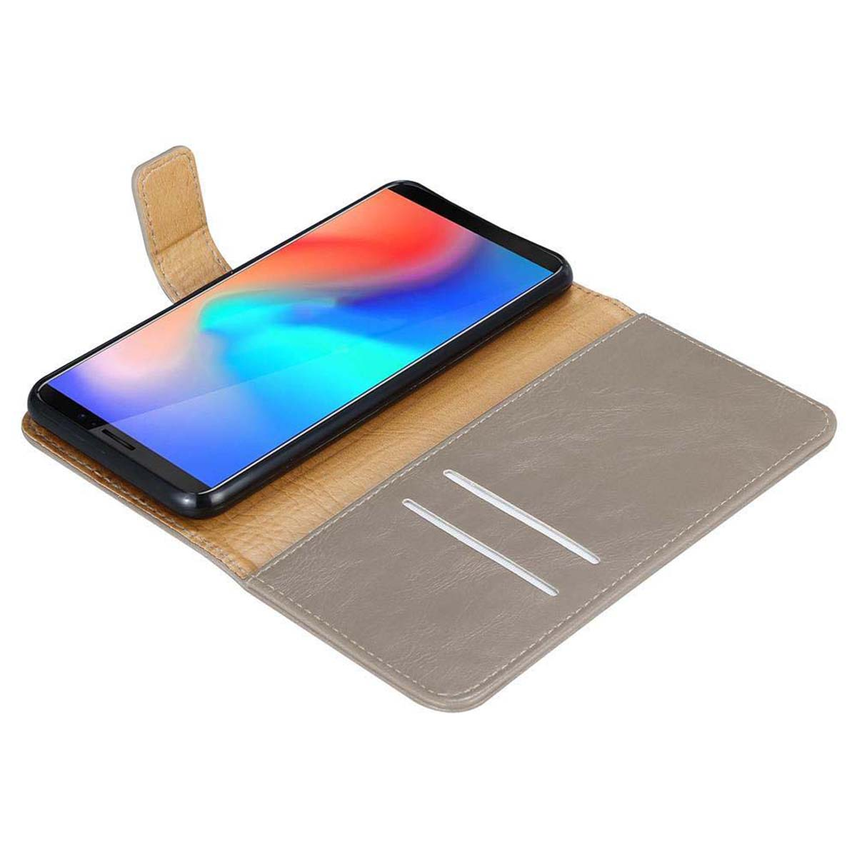 Custodia del telefono aperta, telefono con schermo colorato. Custodia beige con fessure e cinturino beige.
