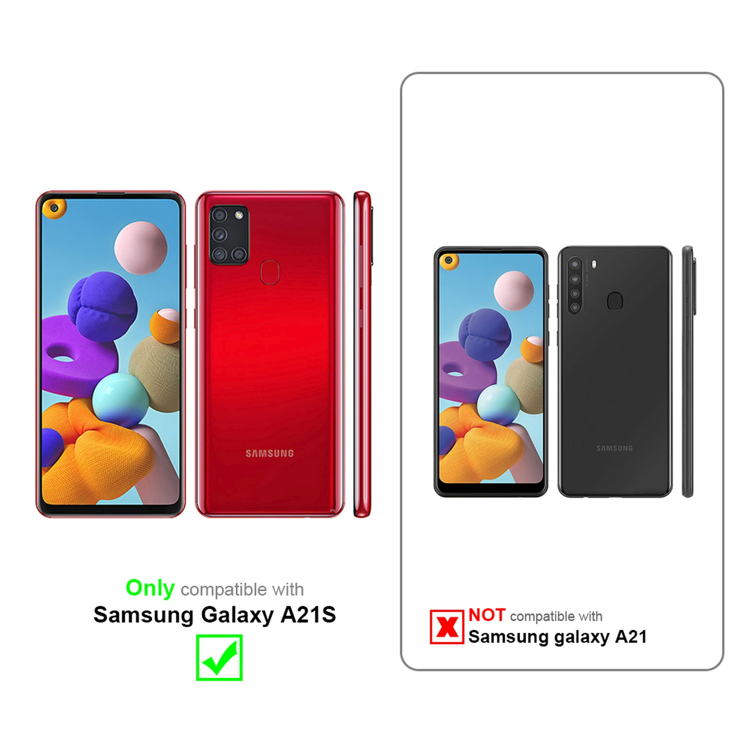 Rotes Telefon links. Schwarzes Telefon rechts. Kompatibilitätsinformationen sind angegeben.