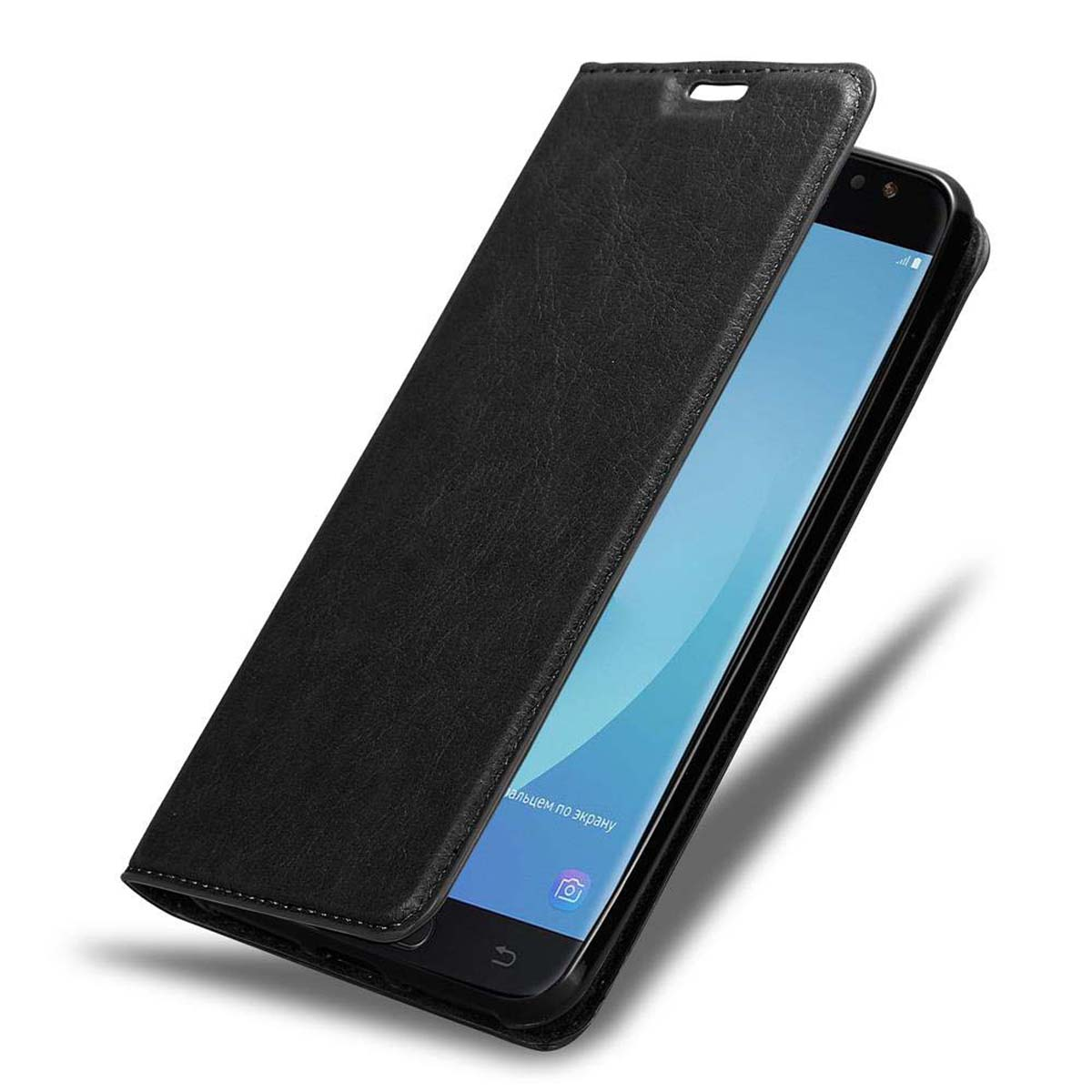 Schwarze Handyhülle, geöffnet, enthüllt ein schwarzes Telefon mit einem Text anzeigenden Bildschirm.