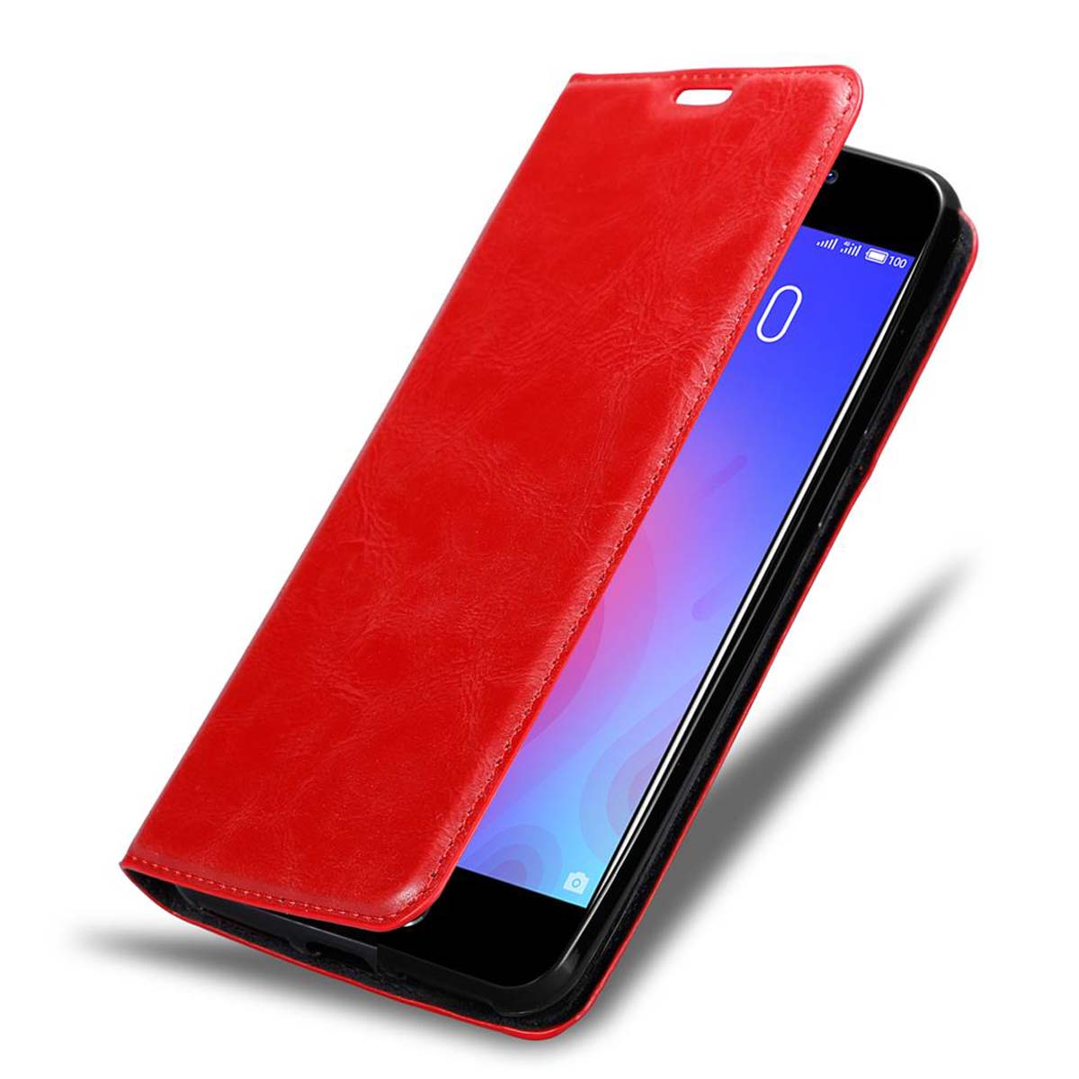 Rote Handyhülle geöffnet, zeigt schwarzes Telefon mit blauem Bildschirm. Weißer Hintergrund.