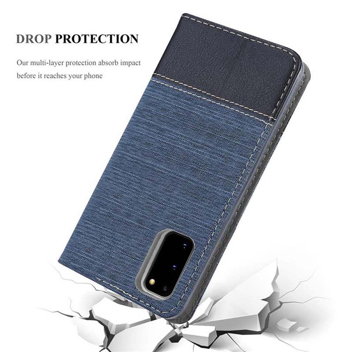 Una custodia blu e nera protegge un telefono, mostrando una superficie rotta.
