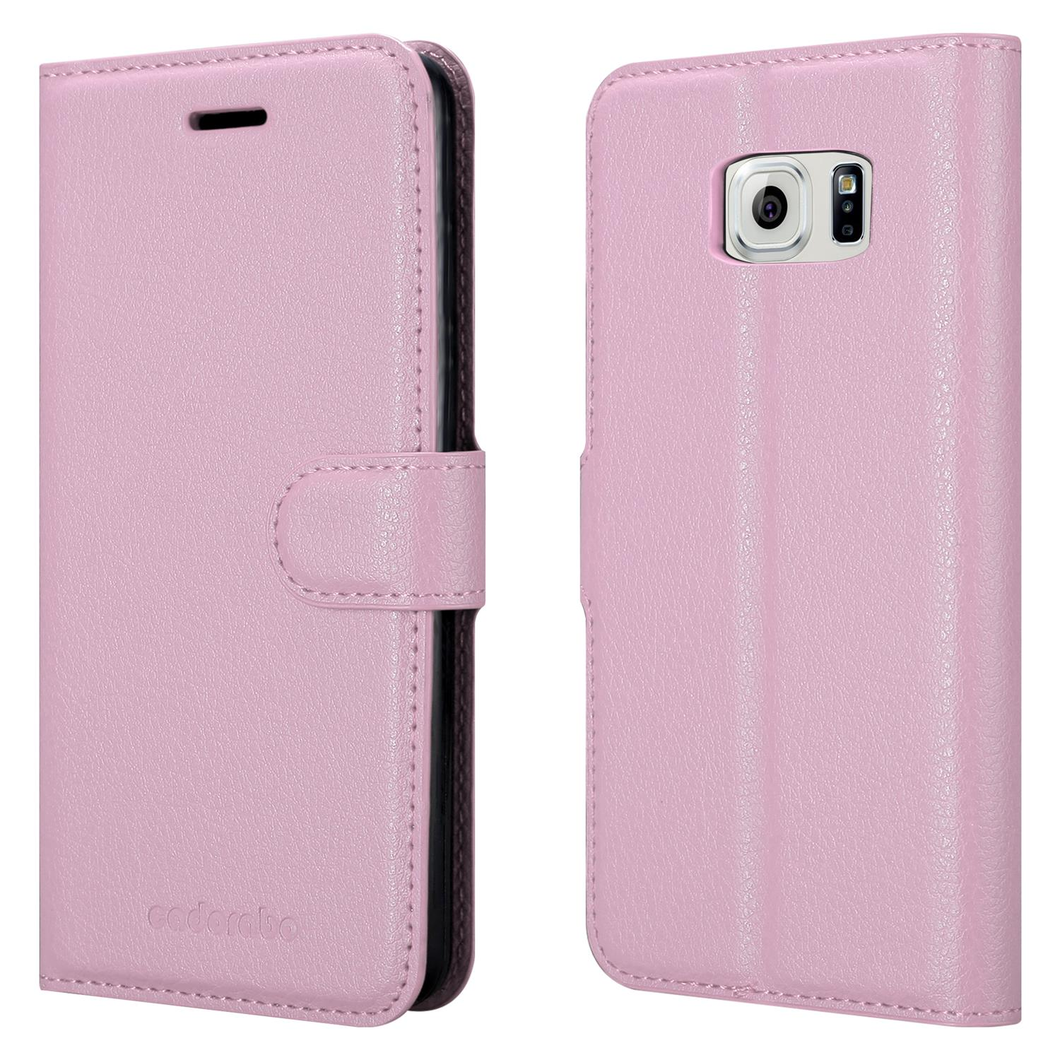 Custodia per telefono rosa, che mostra la parte anteriore e posteriore. Ha una chiusura magnetica e un ritaglio per la fotocamera.