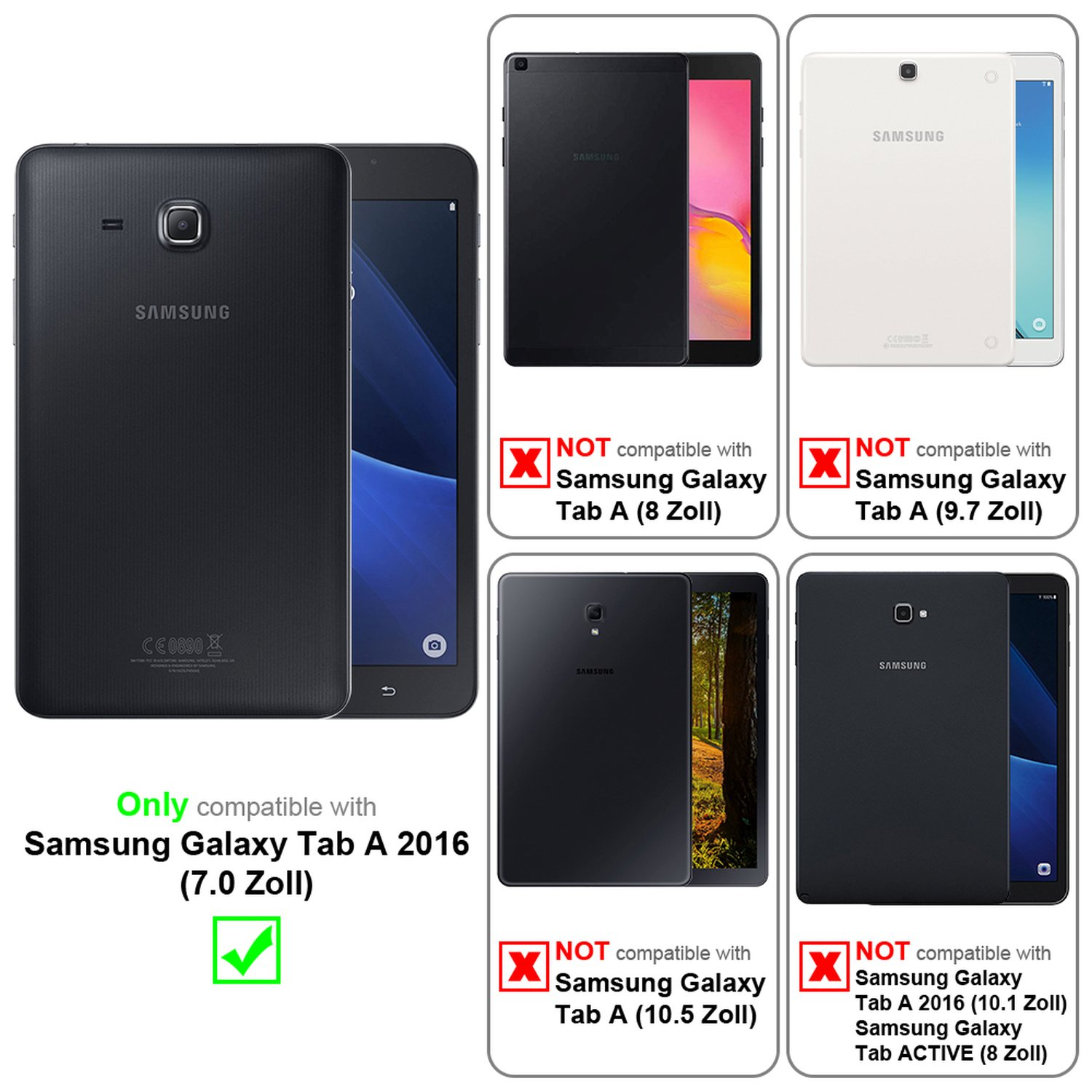 Comparación de modelos Samsung Galaxy Tab A. Compatibilidad indicada con marcas de verificación y X. 7.0 y 10.1 pulgadas.