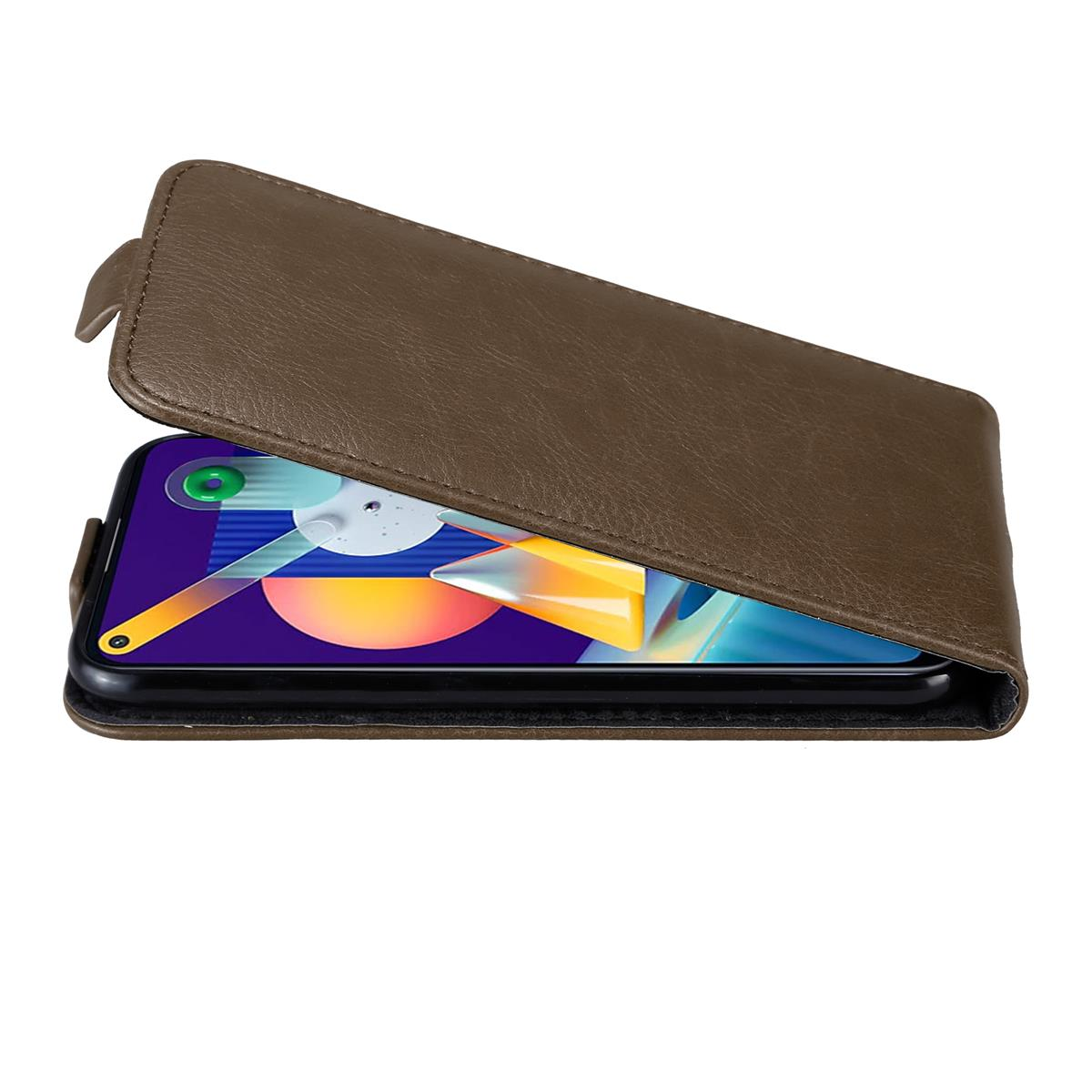 Geöffnete braune Handyhülle mit Telefon darin. Das Telefondisplay ist sichtbar.