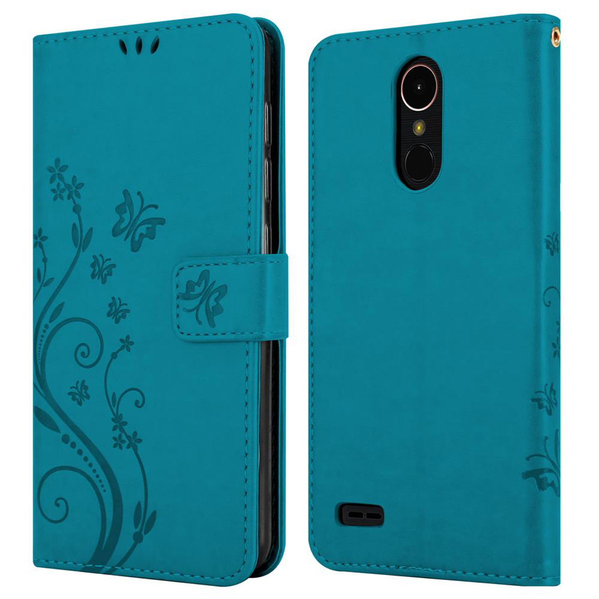 Due custodie per telefono color verde acqua, aperte e chiuse, con disegni floreali e farfalle.