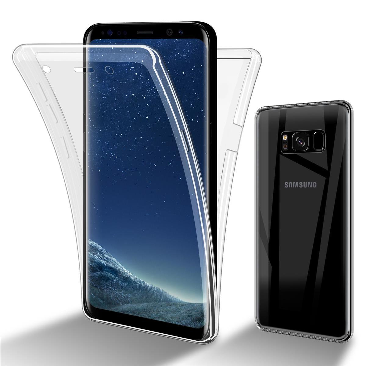 Custodia trasparente per telefono su un telefono. Una cover posteriore è sul lato.