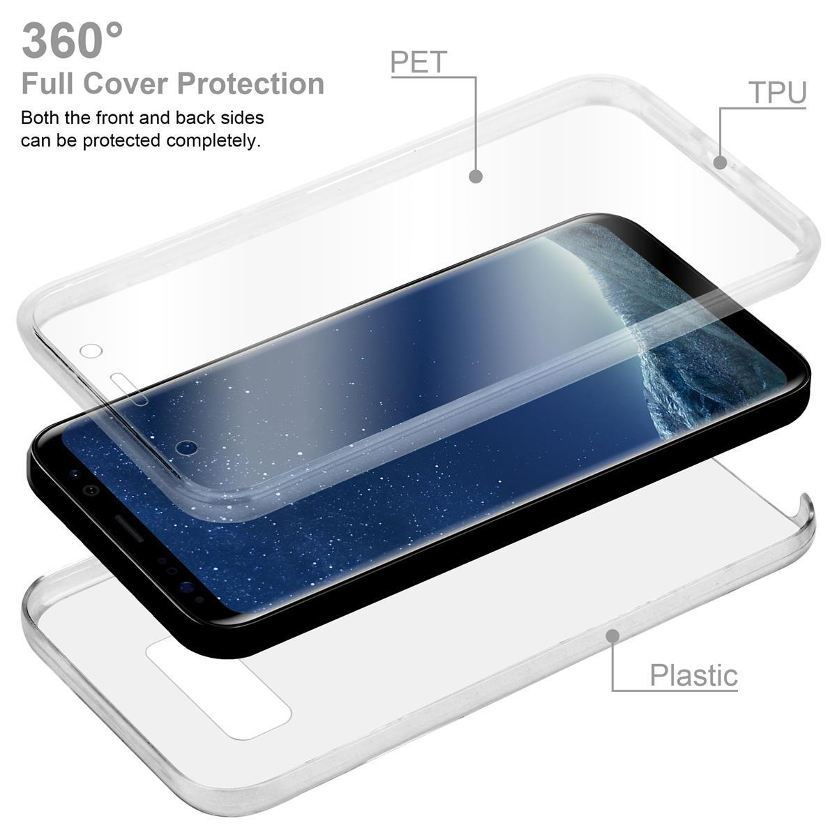 Telefono con custodia trasparente, che mostra gli strati della custodia: PET, TPU e plastica.