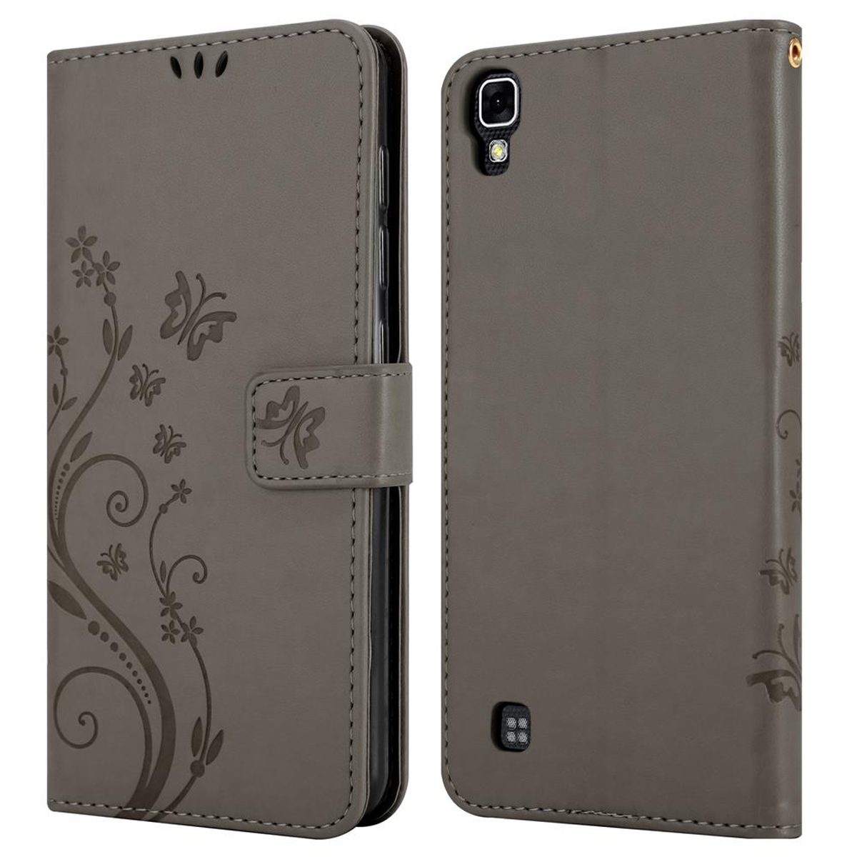 Custodia per telefono in pelle grigia con design floreale, aperta e chiusa.