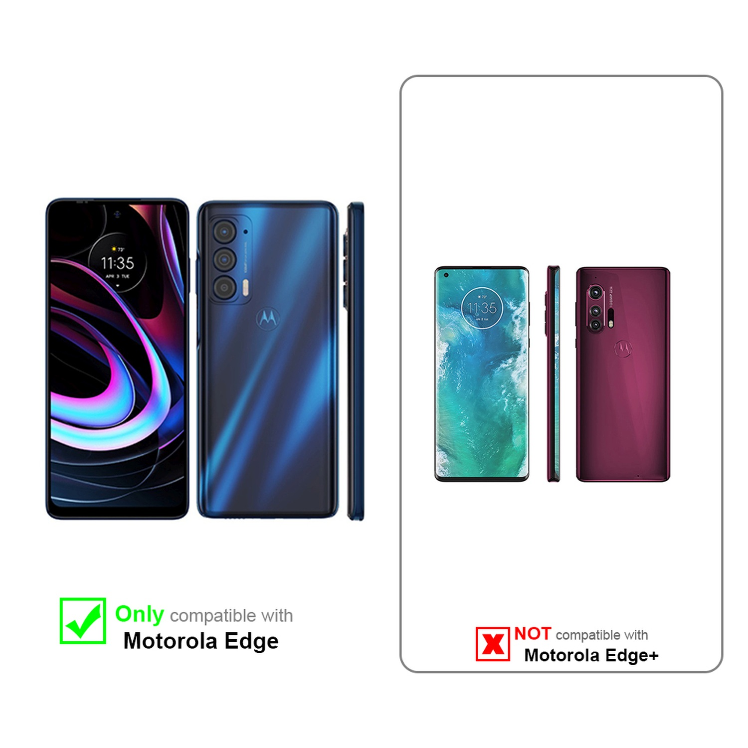 Zwei Telefone und Hüllen. Eins kompatibel, eins nicht. Grüne Haken und rote X-Symbole.