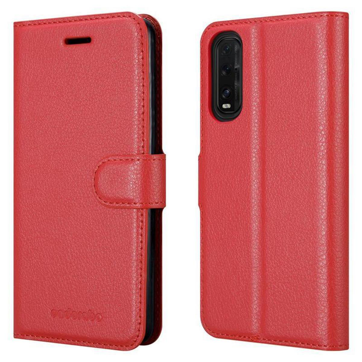 Custodia per telefono rossa, aperta per mostrare il supporto. Il supporto è scuro e ha una fotocamera.