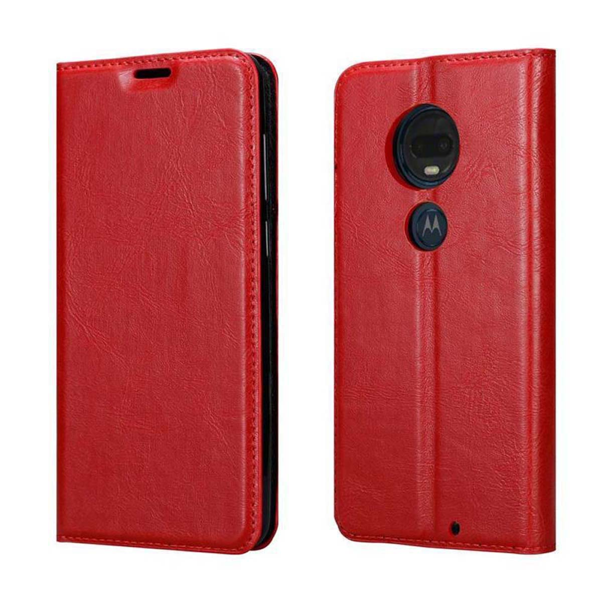 Custodia per telefono in pelle rossa con parte anteriore chiusa e retro aperto che mostra la fotocamera.